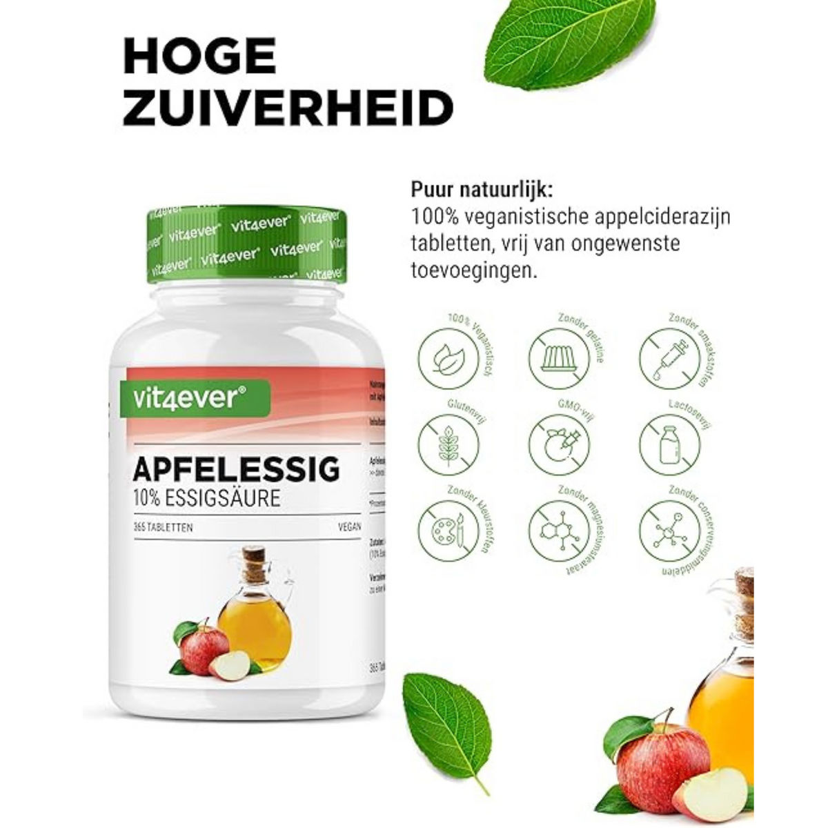 Vit4ever Comprimés de Vinaigre de Pomme 500 mg - complément à base de plantes sans ajouts inutiles
