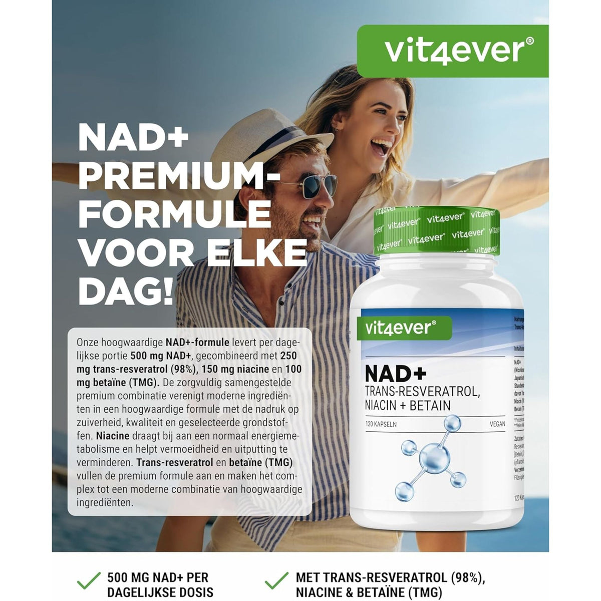 NAD+ avec Trans-Resvératrol, Niacine & Bétaïne | 120 Gélules | Vit4ever
