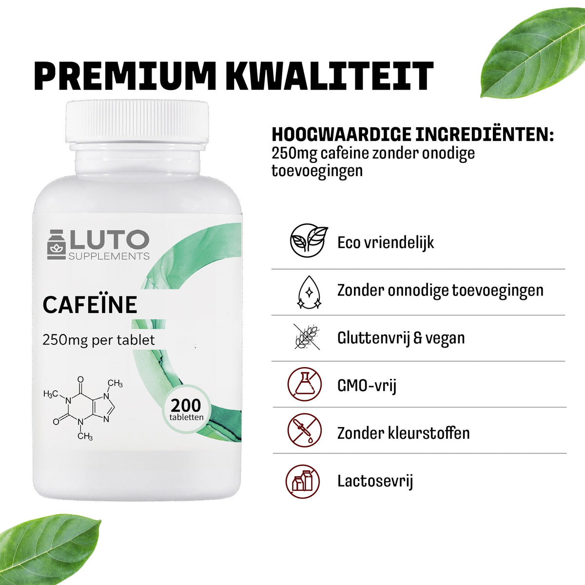 Qualité premium comprimés LUTO Caféine, 250mg, écologique, sans gluten, sans OGM et sans lactose