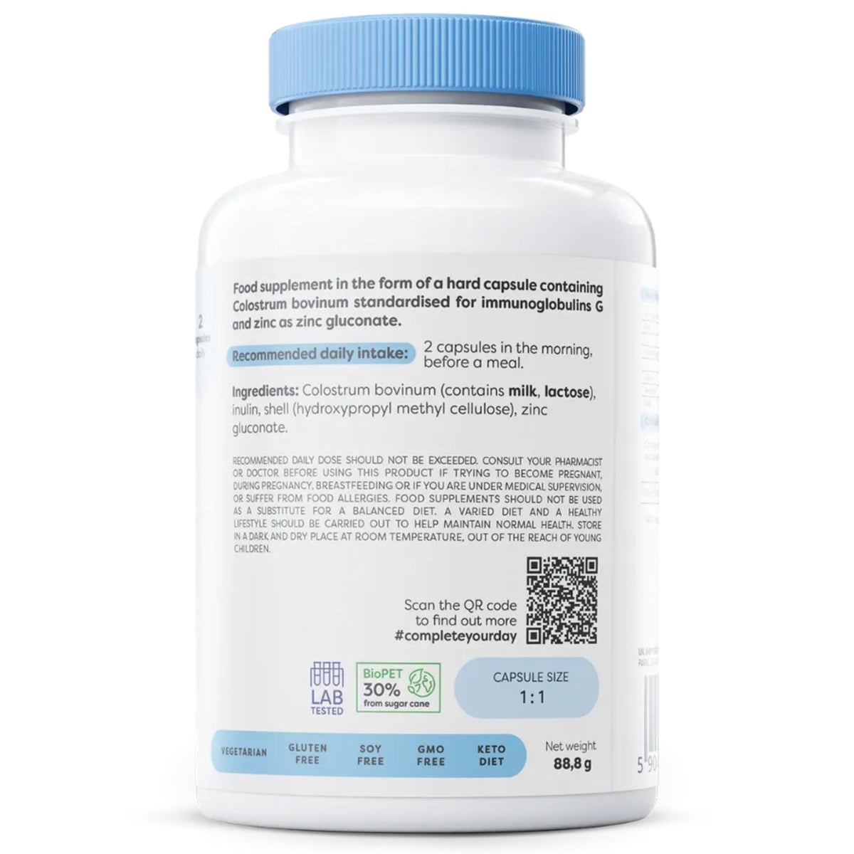 Dos de l'emballage Osavi Colostrum Immuno - ingrédients, colostrum bovinum à 30 % d'IgG et gluconate de zinc