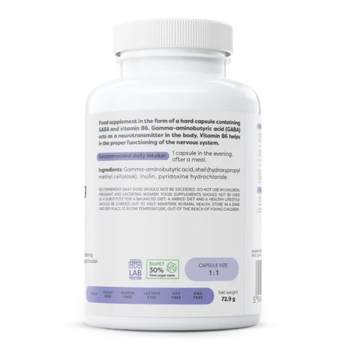 Dos de l'emballage Osavi GABA 500mg - ingrédients et utilisation, acide gamma-aminobutyrique avec pyridoxine