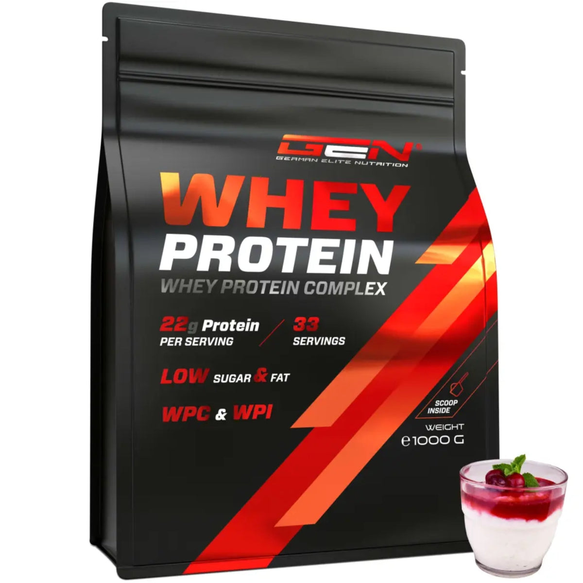 Whey Protein Complex de German Elite Nutrition, saveur semoule au lait et cerise