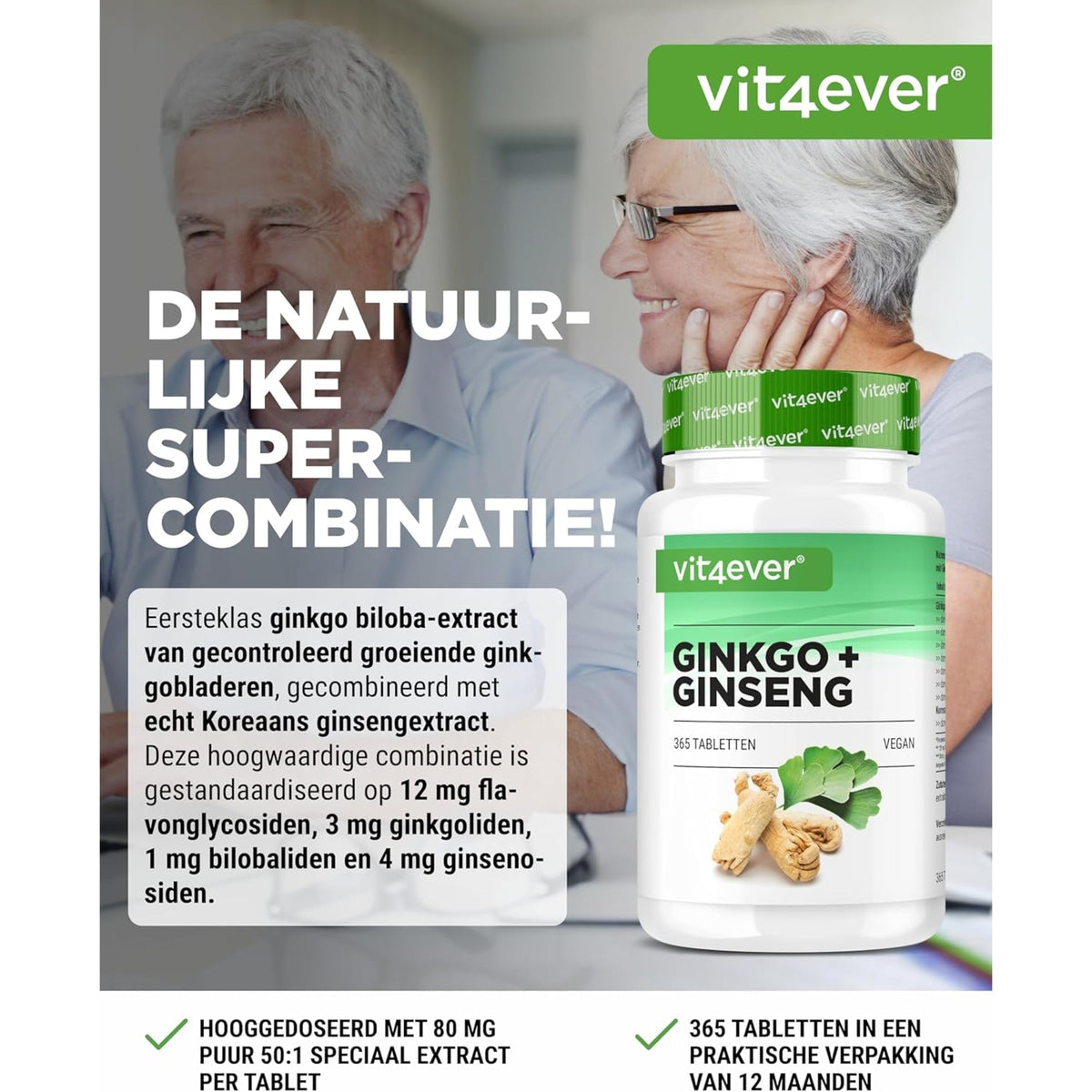 Vit4ever Ginkgo + Ginseng Extrait 50:1 - complément à base de plantes sans ajouts inutiles