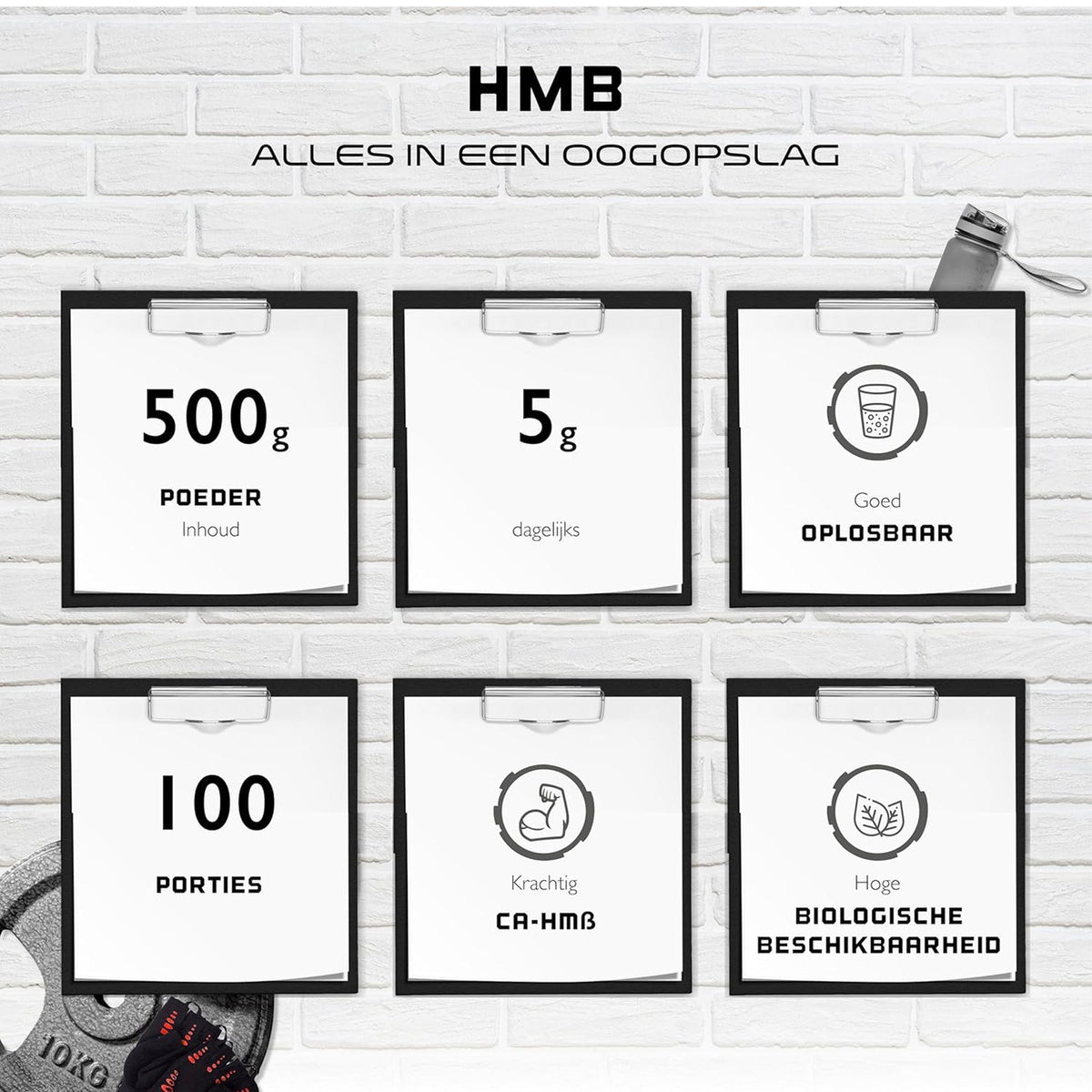 Infographie présentant les avantages de HMB Powder - Ca-HMB puissant, soluble, biodisponible et sans additifs.