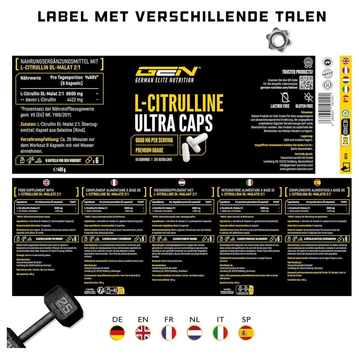 L-Citrulline Ultra Caps 6600mg | 365 gélules | German Elite Nutrition