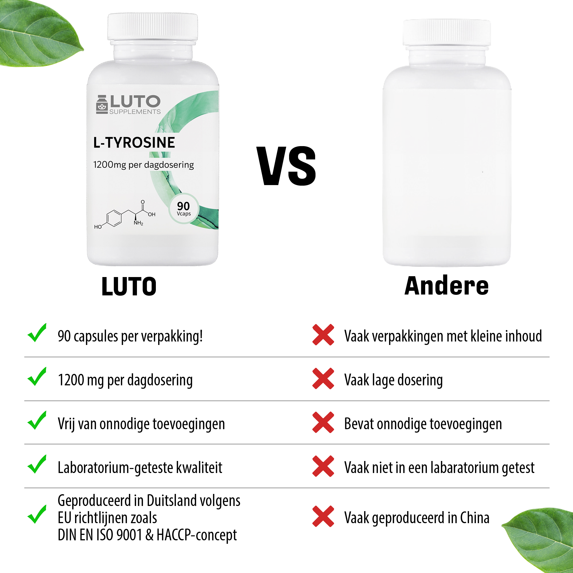 LUTO L-Tyrosine 1200mg comparaison, 90 gélules avec biotine, vegan, sans gluten et testé en laboratoire