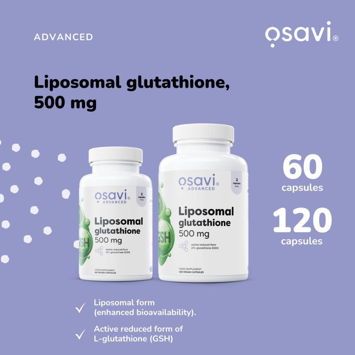 Osavi Glutathion Liposomal 500mg en 60 et 120 gélules - comparaison des formats avec absorption liposomale