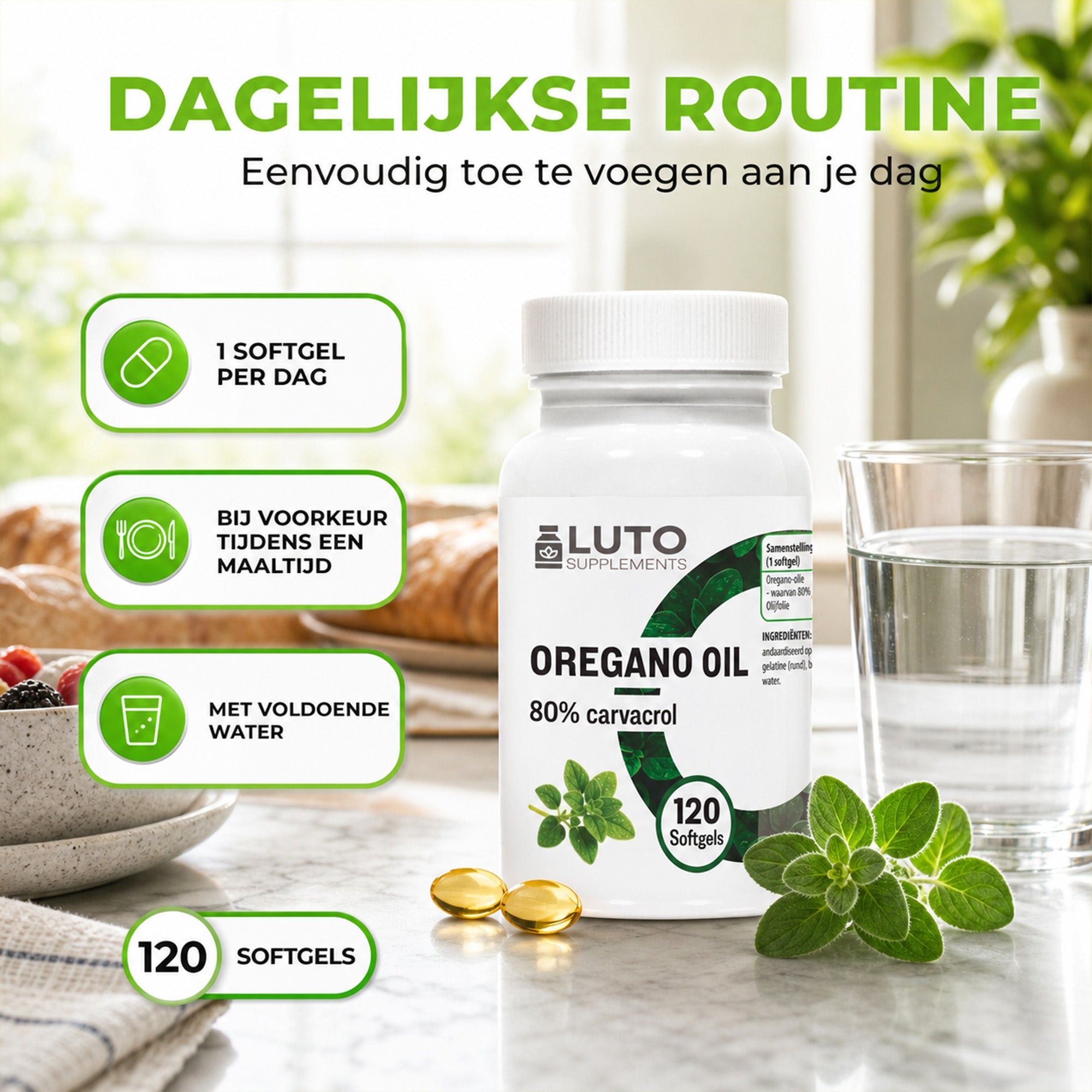 LUTO Oregano Oil routine quotidienne - 1 softgel par jour de préférence pendant le repas
