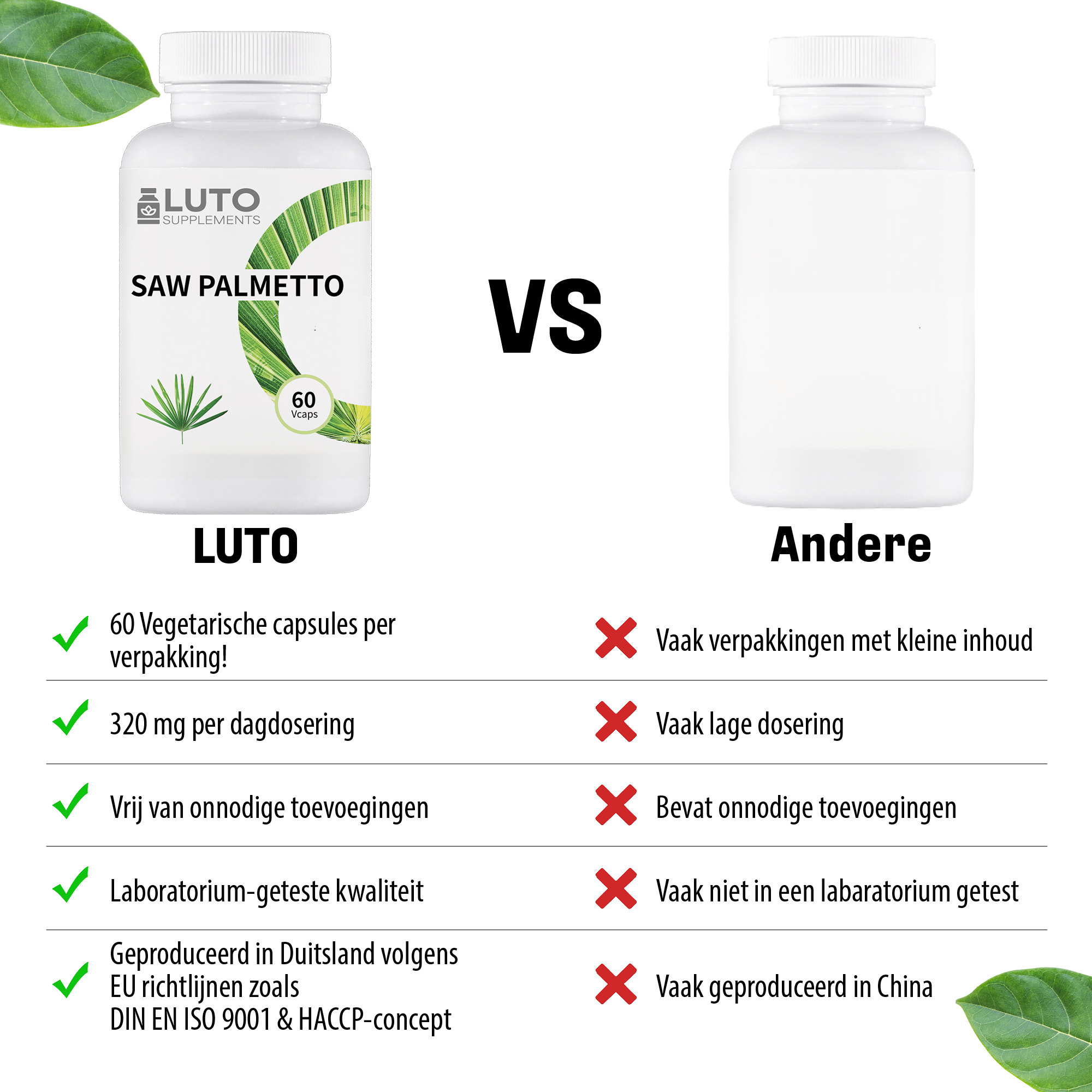 LUTO Saw Palmetto comparaison - 320mg extrait de palmier nain 4:1 avec zinc, vegan, fortement dosé