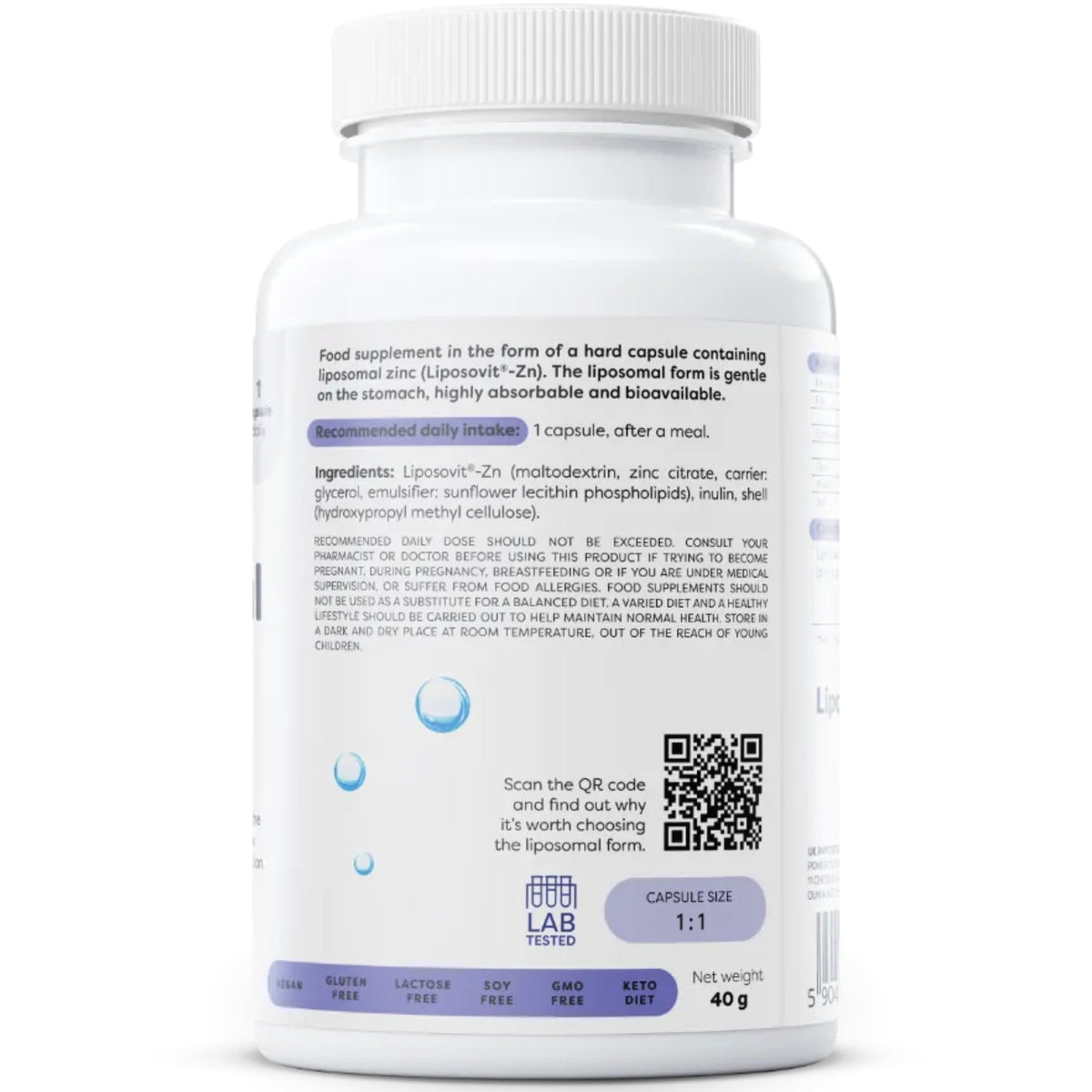 Dos de l'étiquette Osavi Zinc Liposomal - ingrédients avec citrate de zinc sous forme liposomale