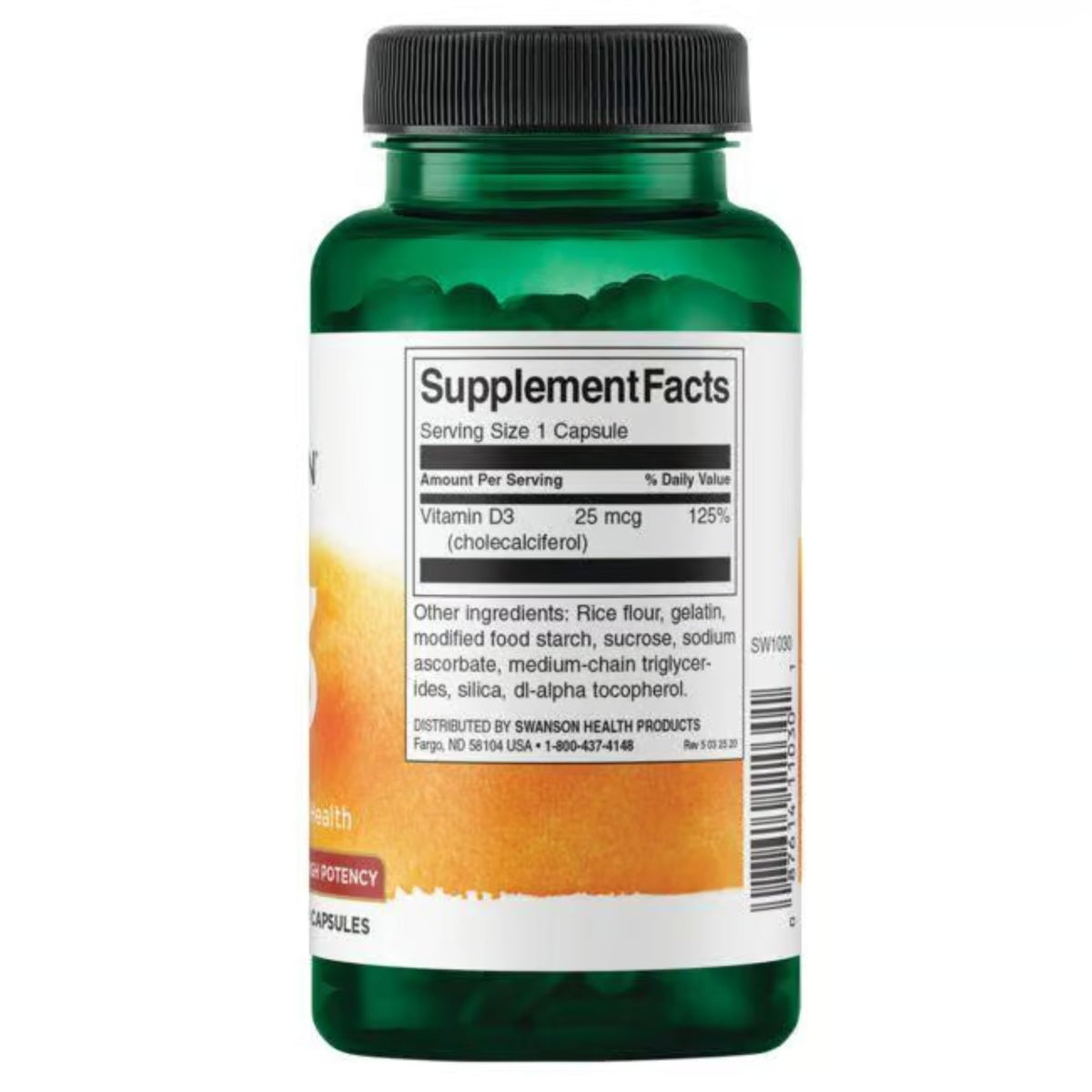 Valeurs nutritionnelles et ingrédients Swanson Vitamin D3 1.000IU - étiquette avec supplement facts