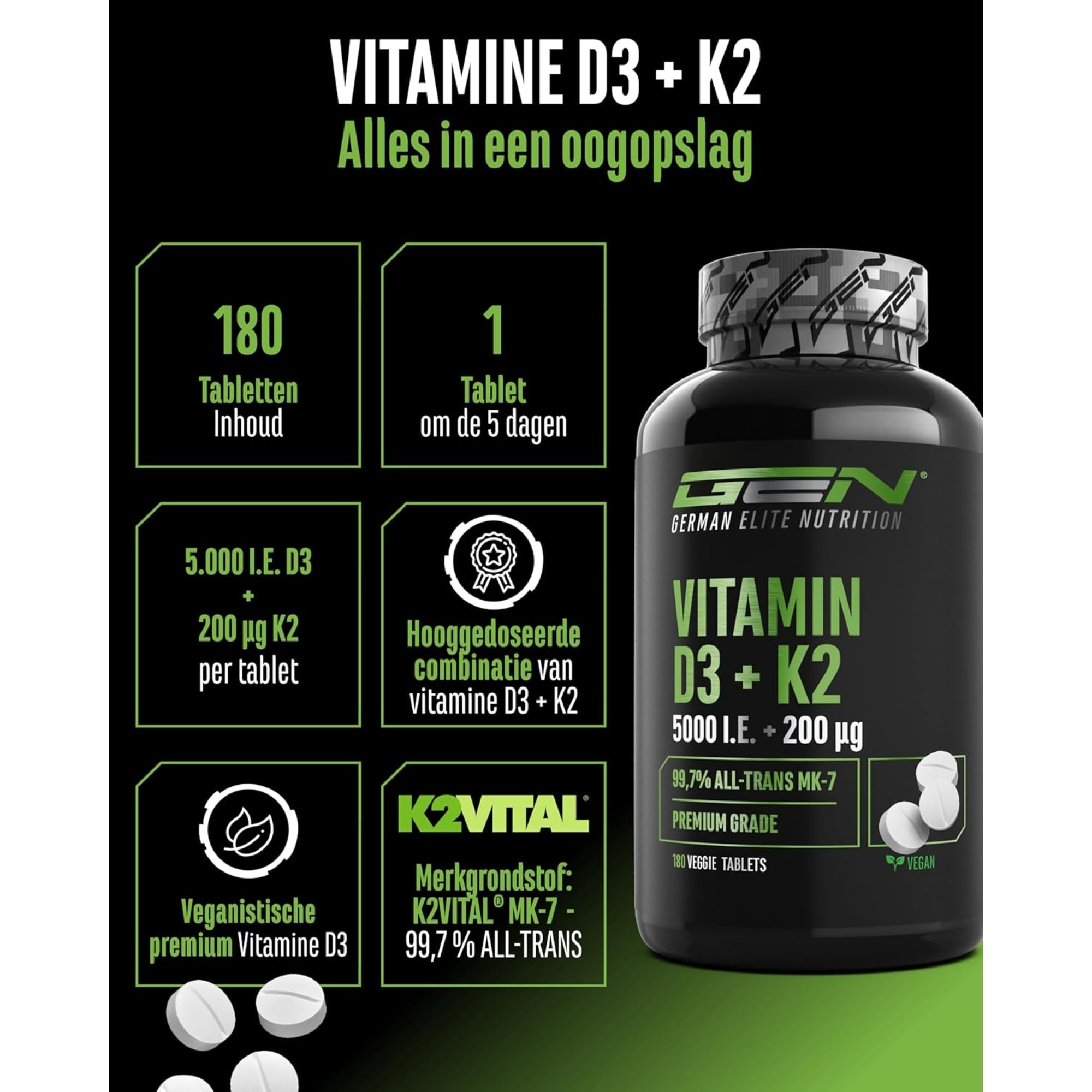 Infographie Vitamine D3 + K2 - contenu de 180 comprimés, 1 comprimé tous les 5 jours, 5000 UI de D3 + 200 µg de K2 par comprimé, matière première de marque K2VITAL, végane