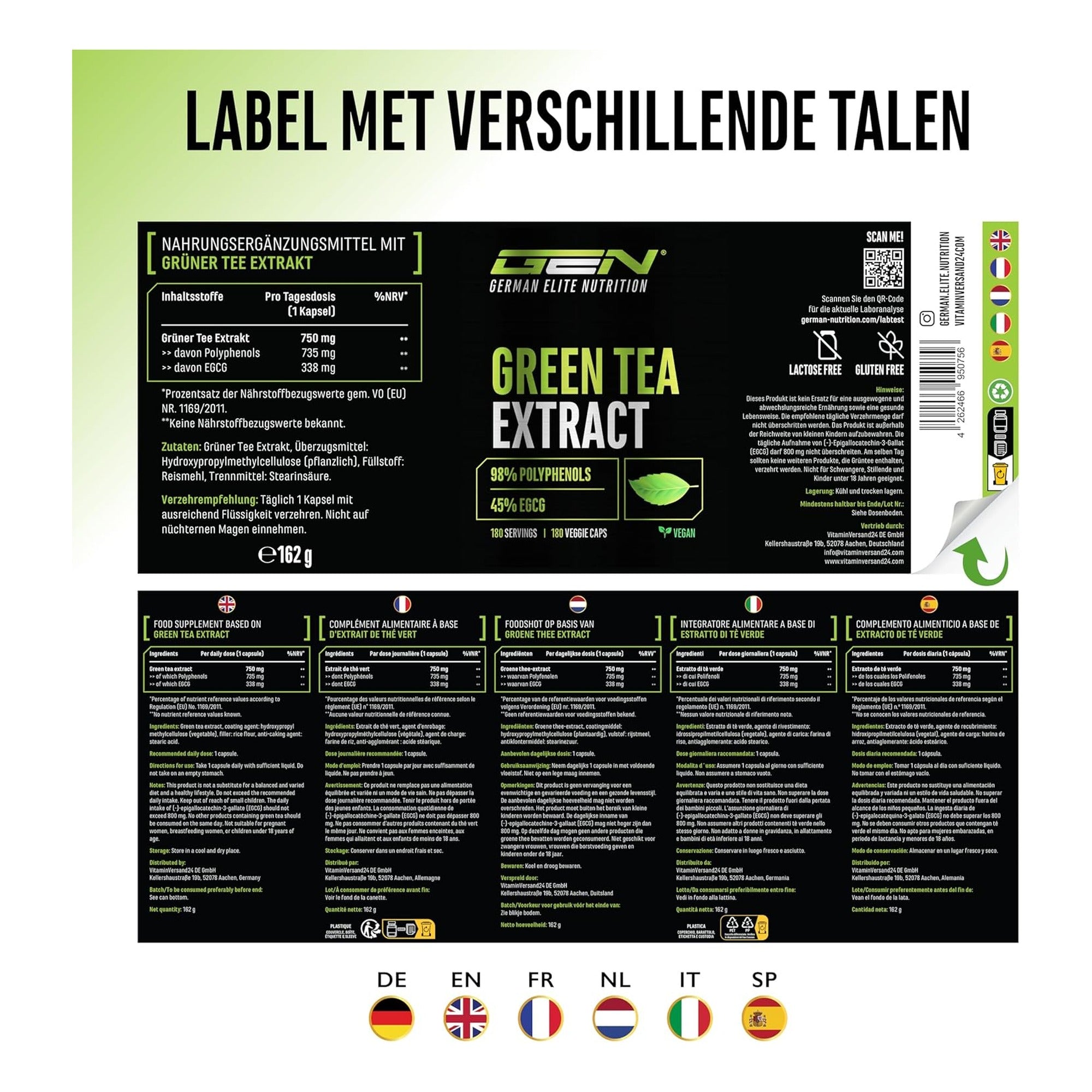 GEN Green Tea Extract étiquette en différentes langues