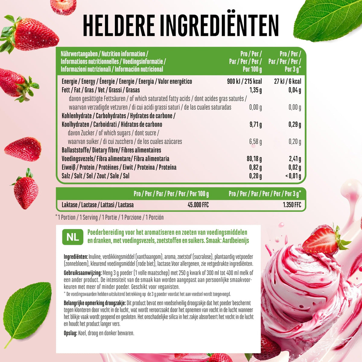 Valeurs nutritionnelles et ingrédients Vit4ever Flavor Craft Glace à la Fraise poudre aromatisante 250 g