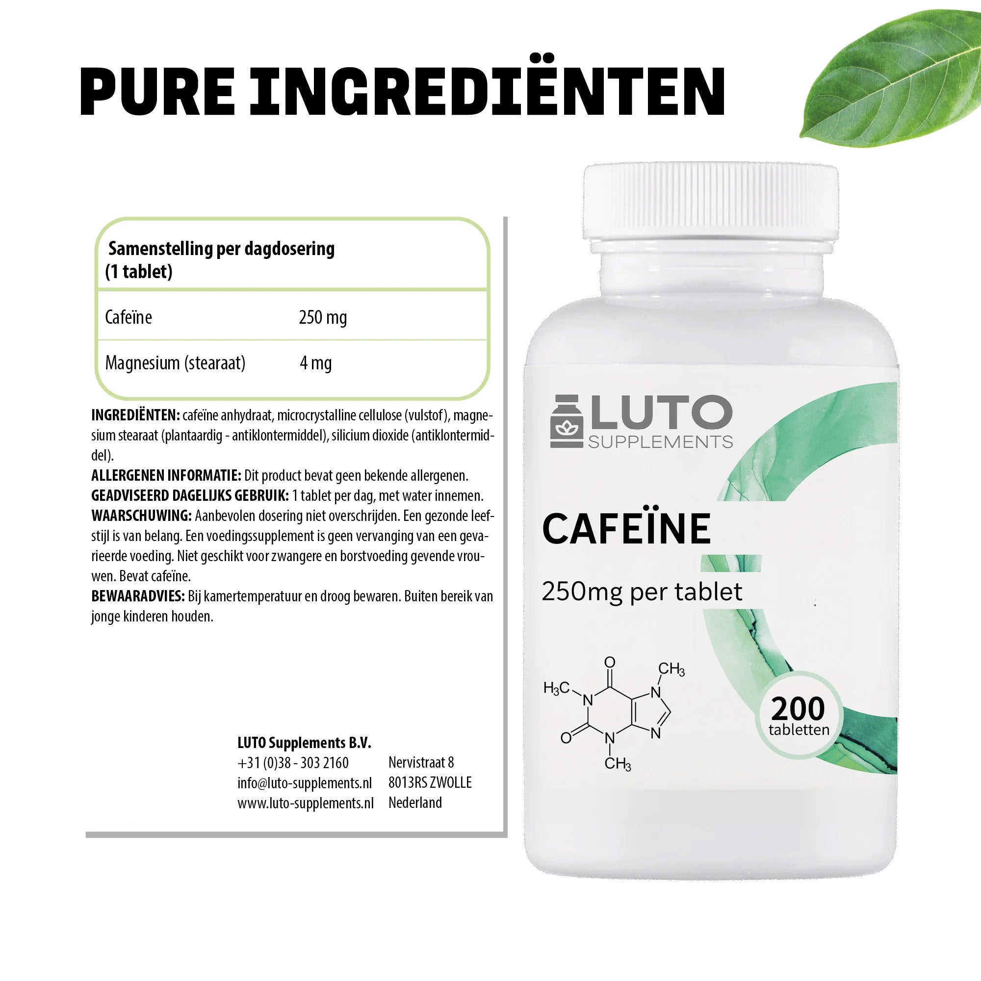 Ingrédients purs Caféine LUTO Supplements, 250mg de caféine anhydre par comprimé sans ajouts superflus