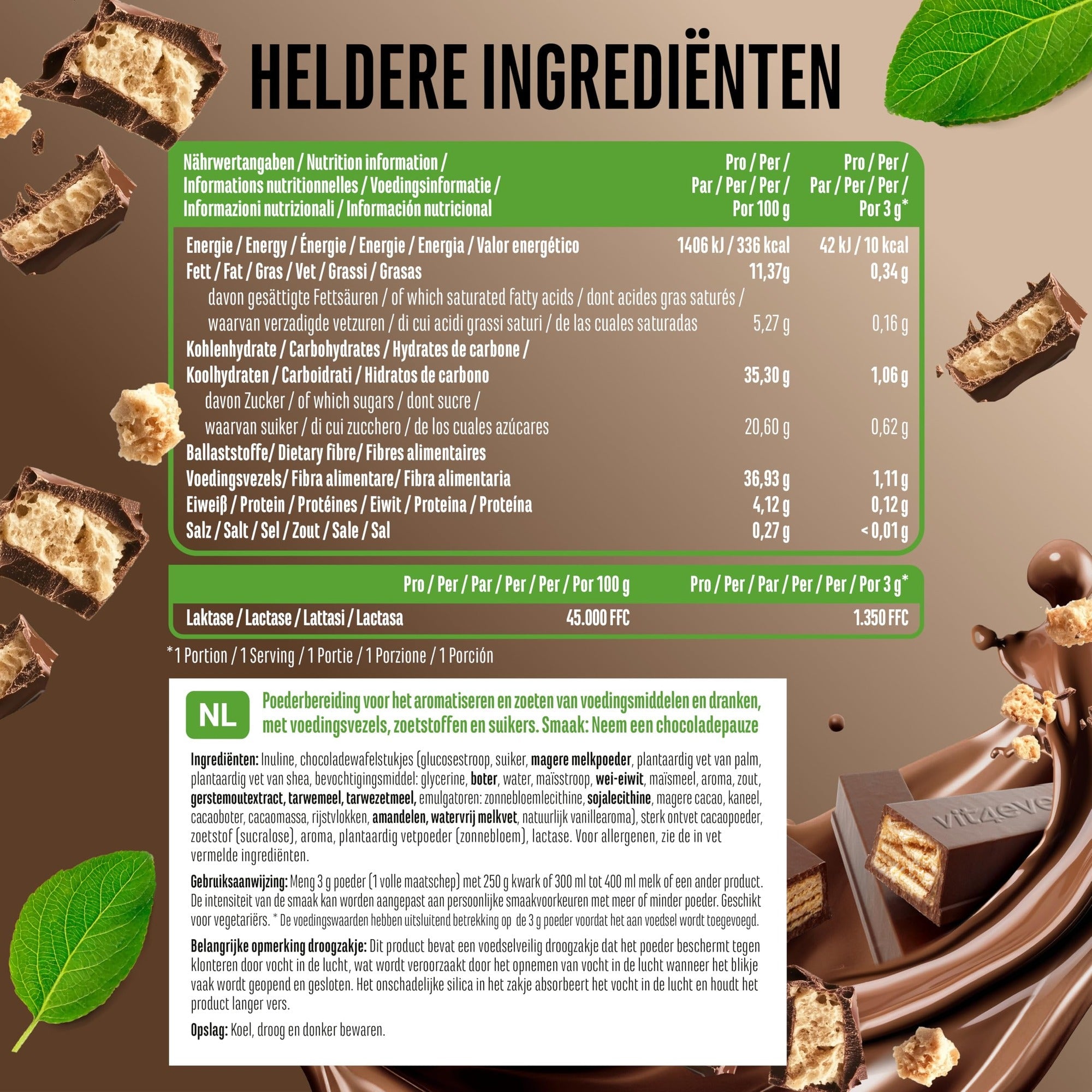 Valeurs nutritionnelles et ingrédients Vit4ever Flavor Craft Poudre aromatisante Pause chocolat 250 g