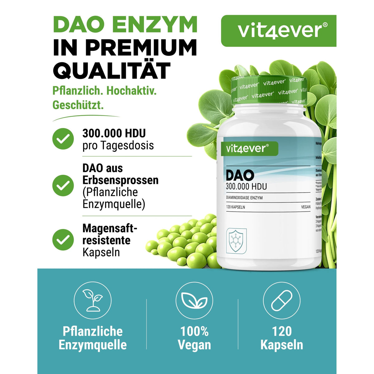 Enzyme DAO étiquette au dos avec ingrédients poudre de germes de pois et mode d'emploi
