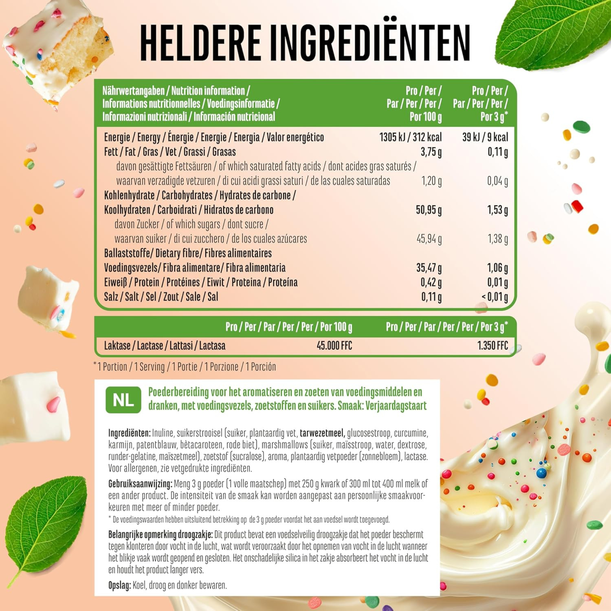 Valeurs nutritionnelles et ingrédients Vit4ever Flavor Craft Poudre aromatisante Gâteau d'anniversaire 250 g