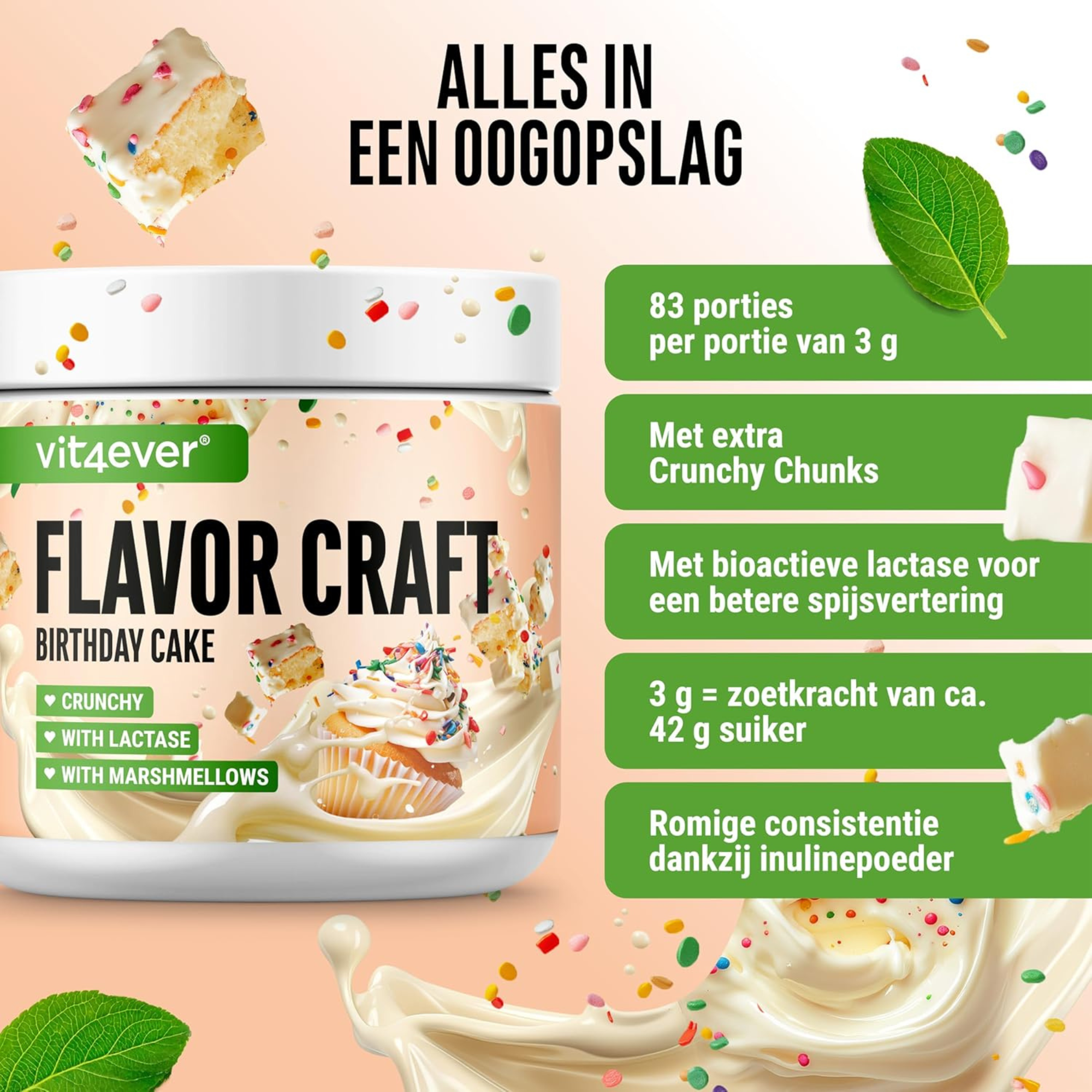 Vit4ever Flavor Craft Gâteau d'anniversaire 250 g poudre aromatisante avec 50 portions et consistance crémeuse