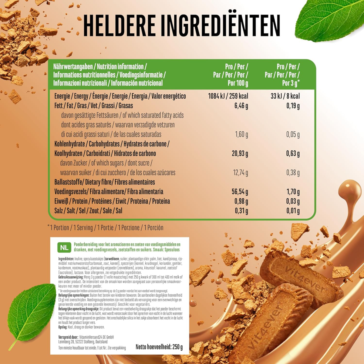 Valeurs nutritionnelles et ingrédients Vit4ever Flavor Craft poudre aromatisée spéculoos 250 g