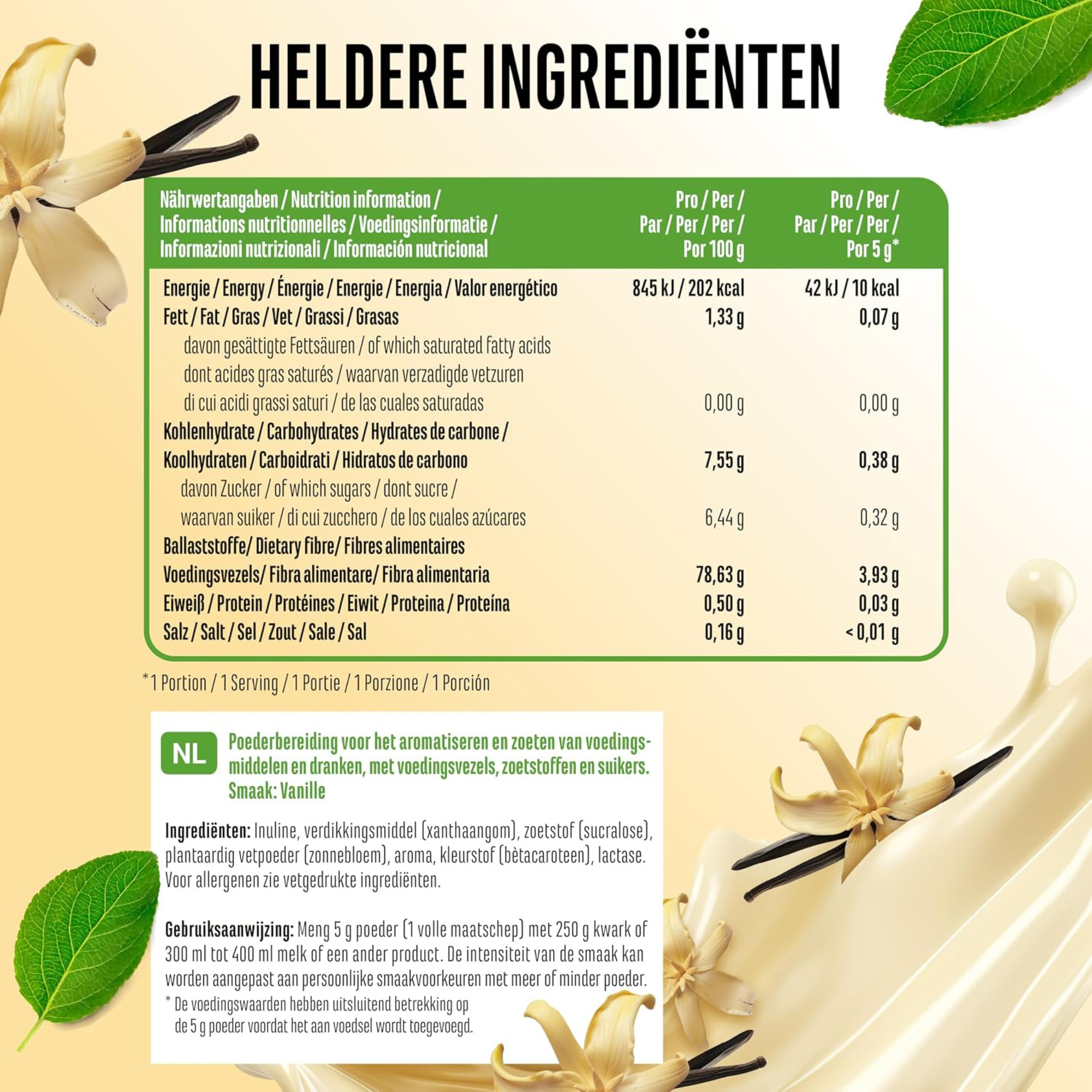 Valeurs nutritionnelles et ingrédients Vit4ever Flavor Craft Poudre aromatisante Vanille 250 g