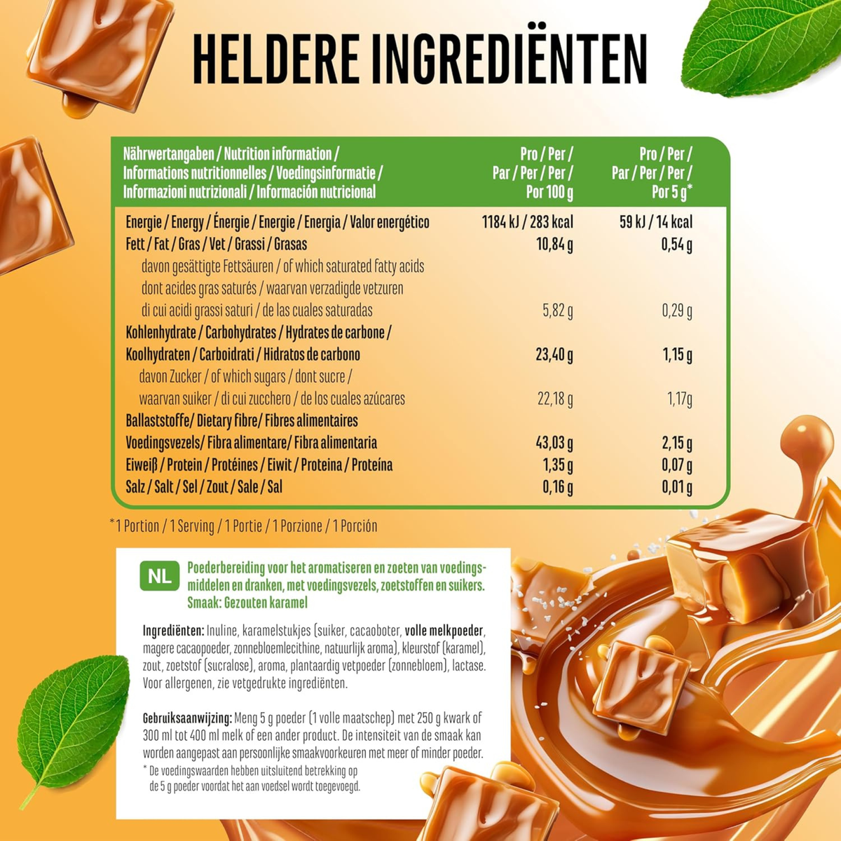 Valeurs nutritionnelles et ingrédients Vit4ever Flavor Craft Poudre aromatisante Caramel salé 250 g
