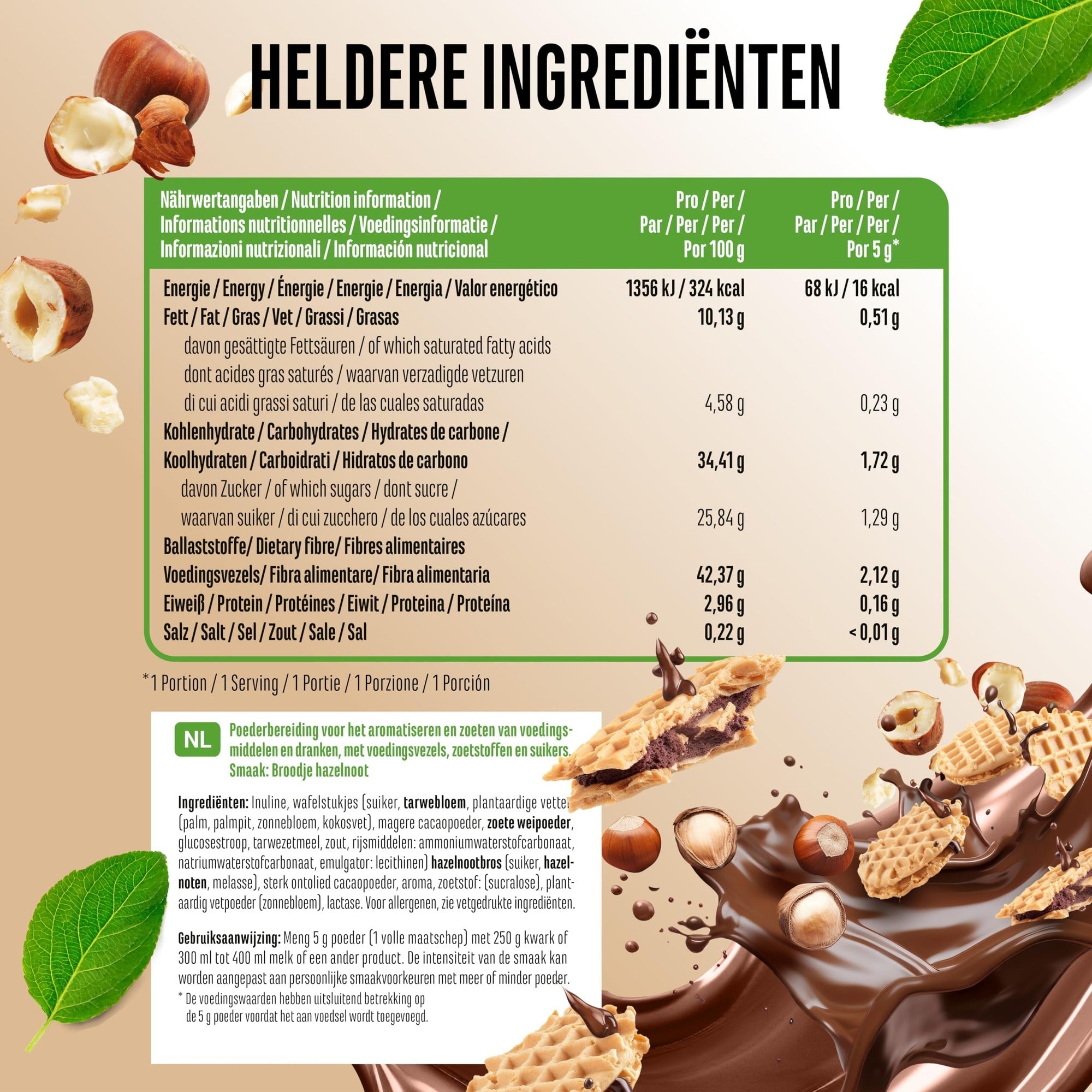 Valeurs nutritionnelles et ingrédients Vit4ever Flavor Craft poudre aromatisée sandwich noisette 250 g