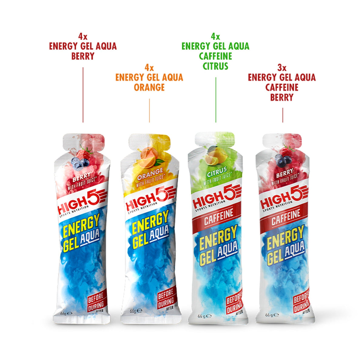 Contenu du HIGH5 Energy Gel Aqua Mixed Pack - 4x Berry, 4x Orange, 4x Caffeine Citrus et 3x Caffeine Berry gels énergétiques