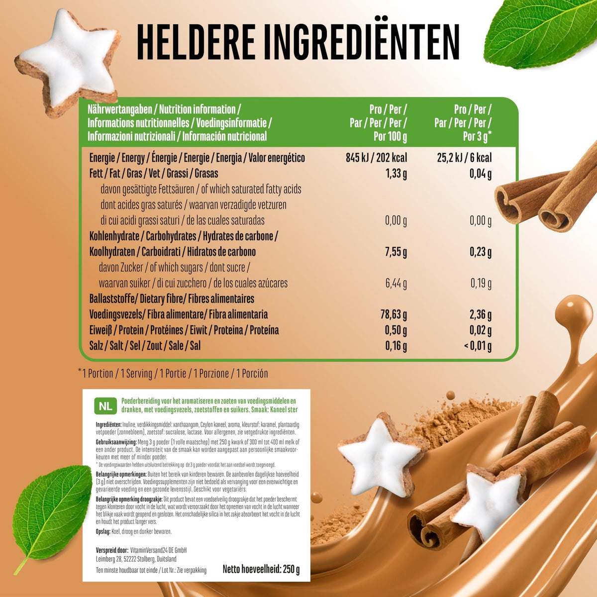 Valeurs nutritionnelles et ingrédients Vit4ever Flavor Craft poudre aromatisée étoile à la cannelle 250 g