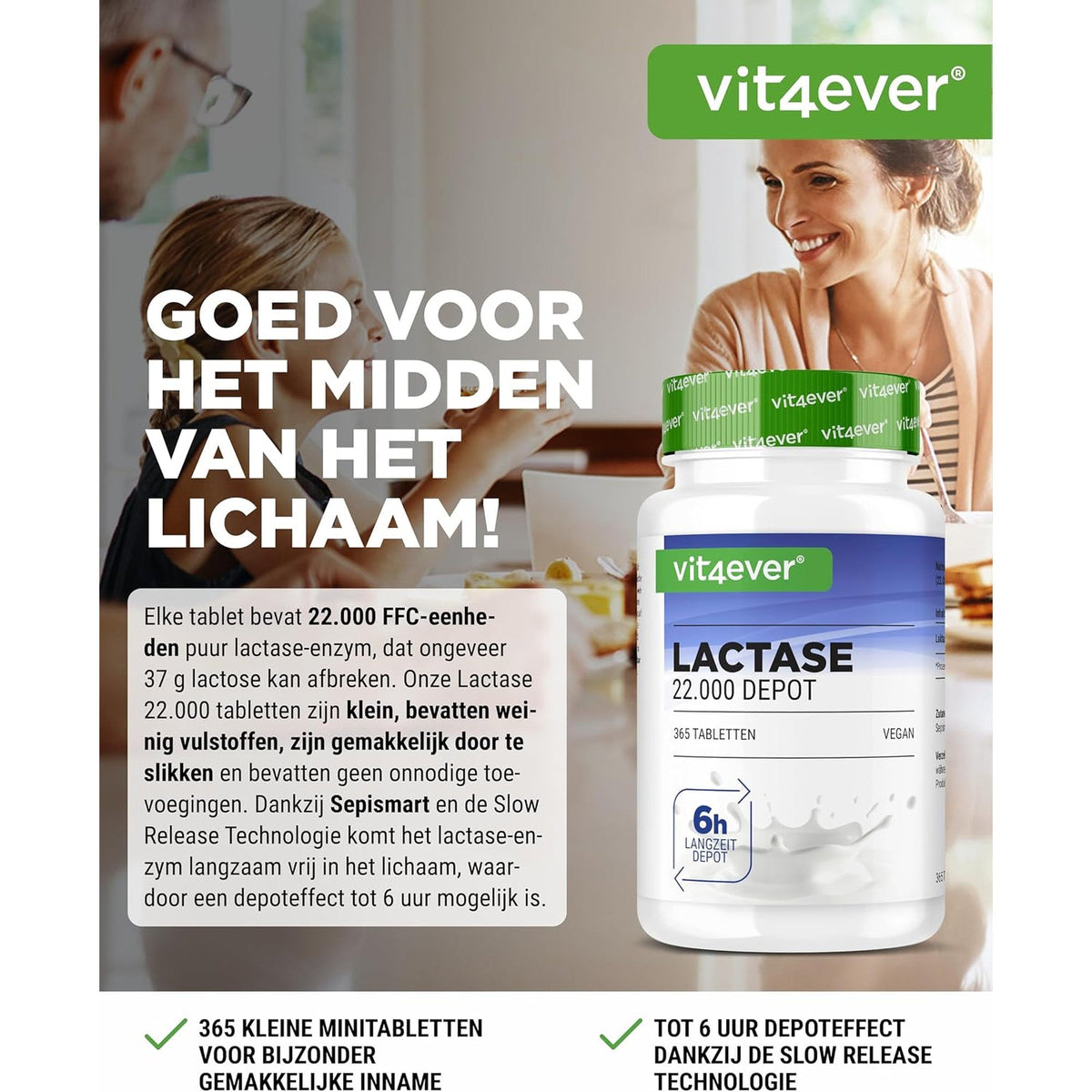 Vit4ever Lactase 22 000 FCC Libération Prolongée 365 comprimés - un comprimé au repas laitier avec action prolongée jusqu'à 6 heures #Contenu_365 comprimés