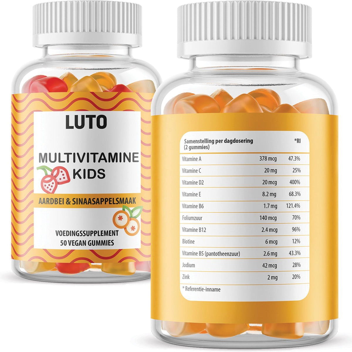 Pot LUTO Multivitamines Enfants recto et verso - valeurs nutritionnelles saveur fraise et orange