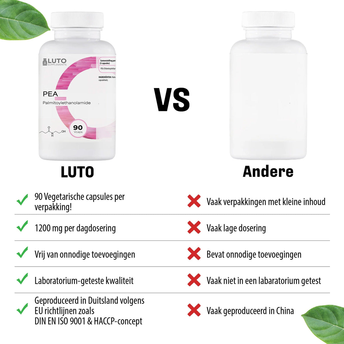 LUTO PEA 1200mg comparaison - 90 gélules végétariennes, vegan, sans gluten, certifié GMP