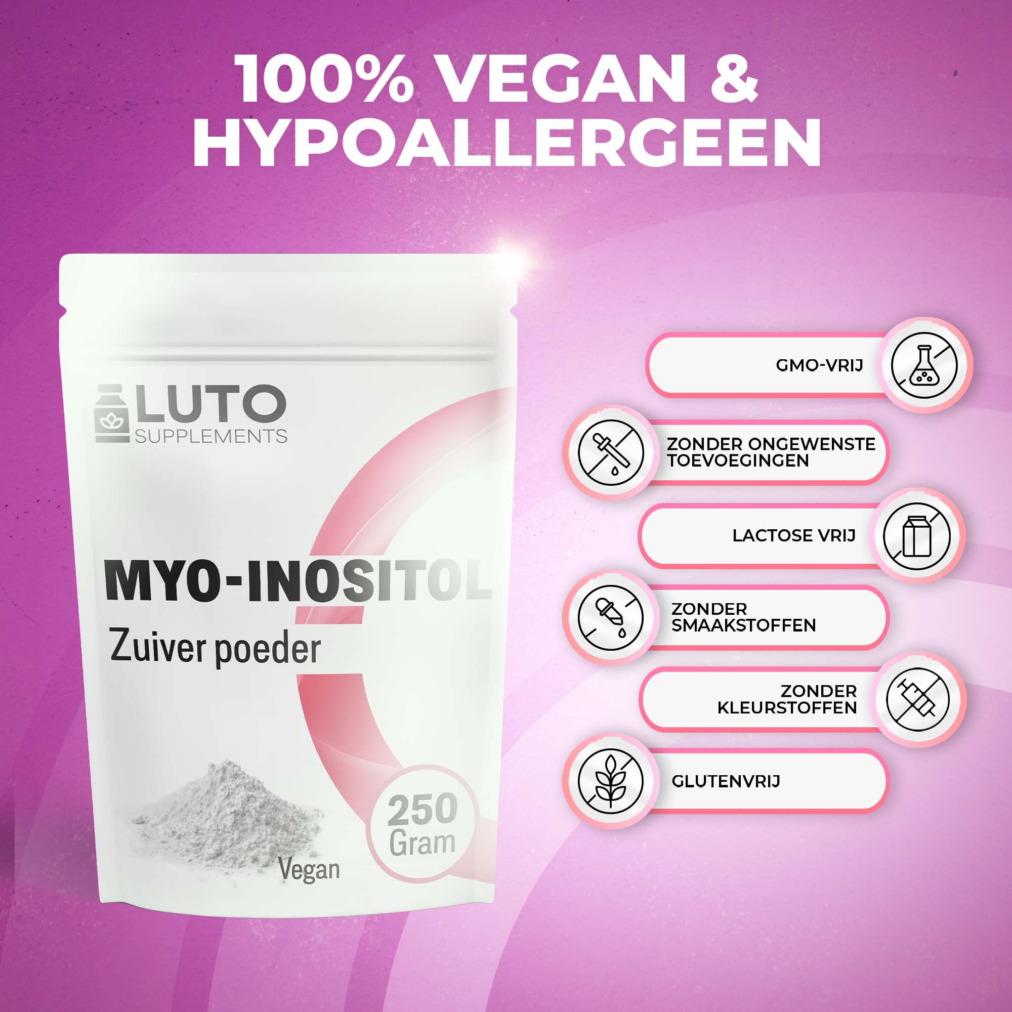 Poudre de myo-inositol LUTO Supplements, vegan et sans arômes, colorants ni lactose