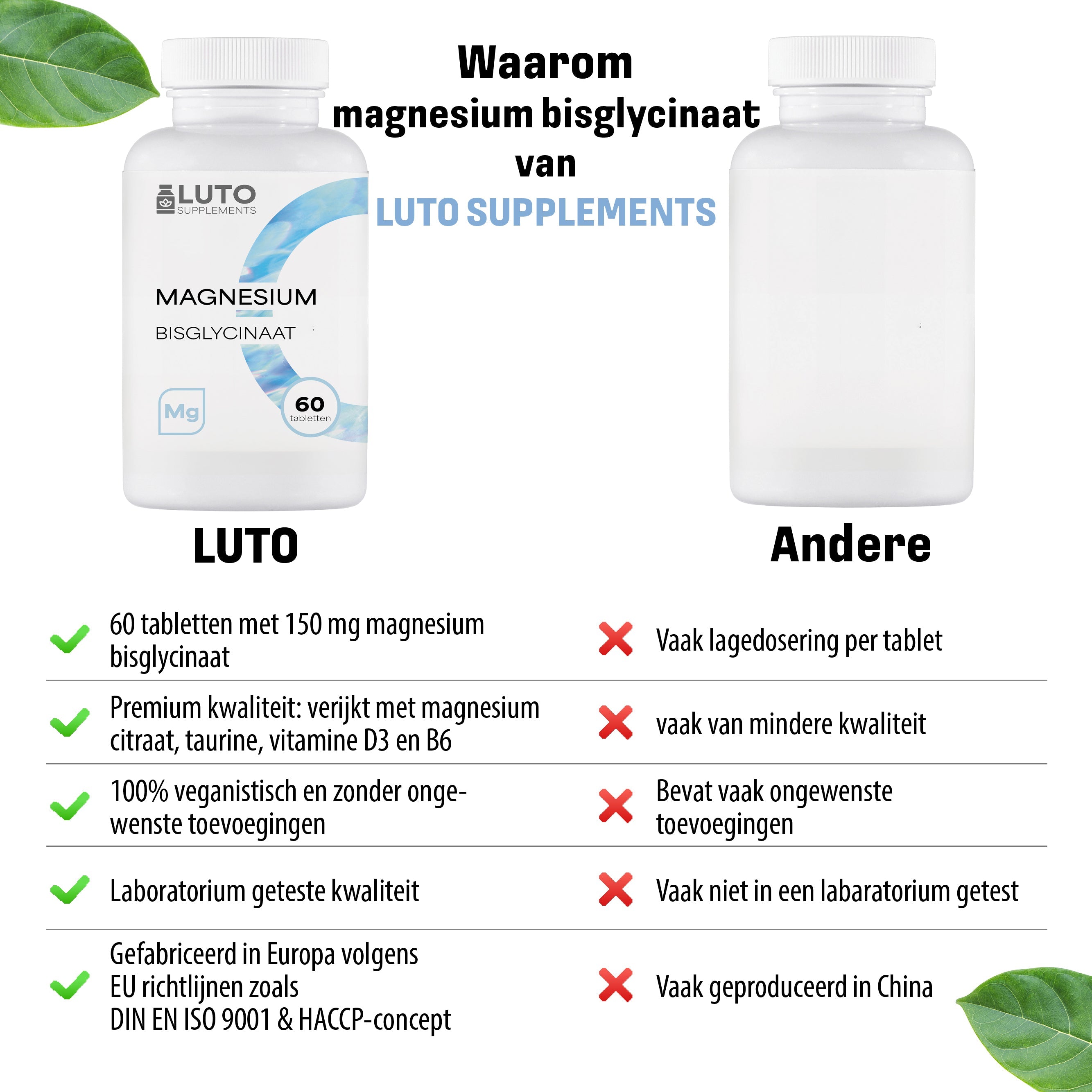 LUTO Magnésium Bisglycinate comparaison - 150mg de magnésium élémentaire, vegan, sans gluten, sans OGM