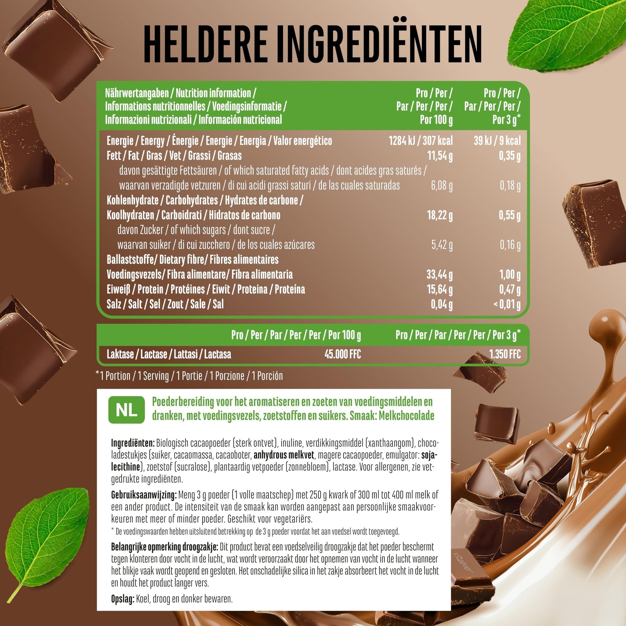 Valeurs nutritionnelles et ingrédients Vit4ever Flavor Craft poudre aromatisée chocolat au lait 250 g