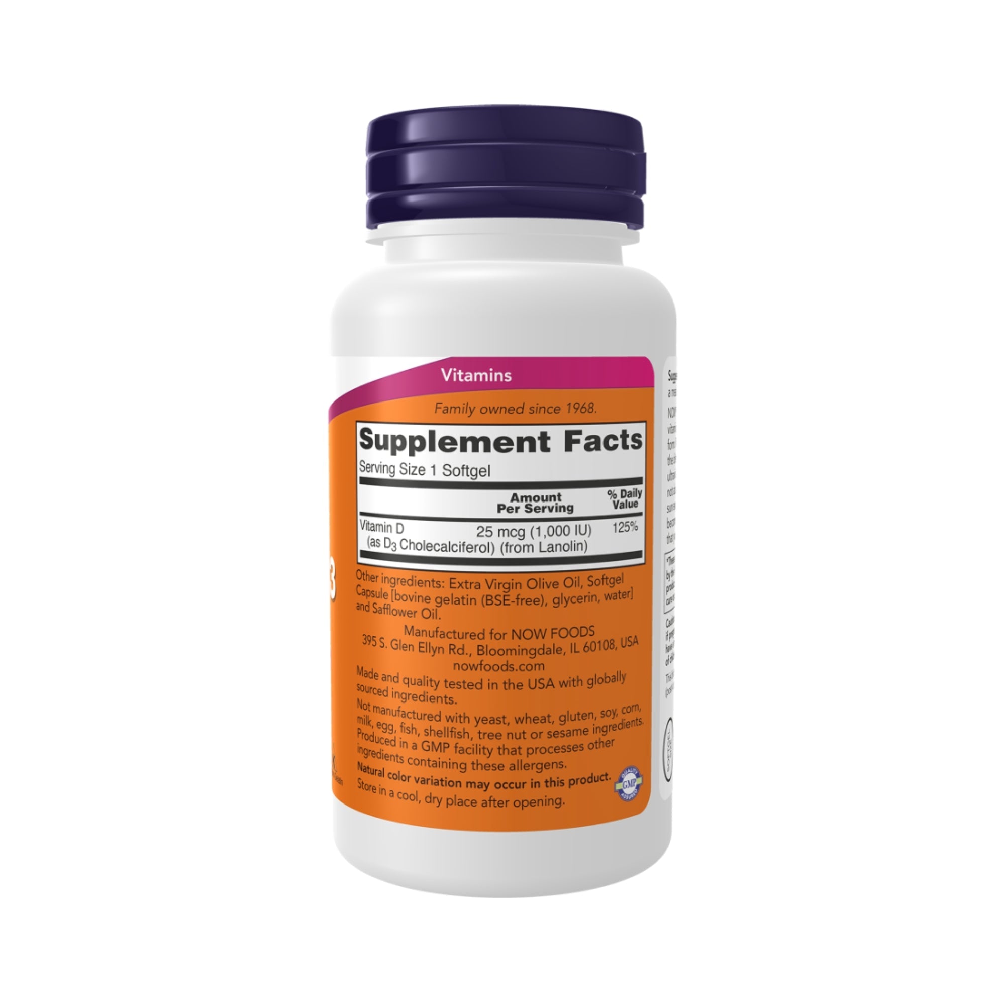 Vitamine D3 1000 UI | 25 mcg | 360 capsules molles | NOW Foods