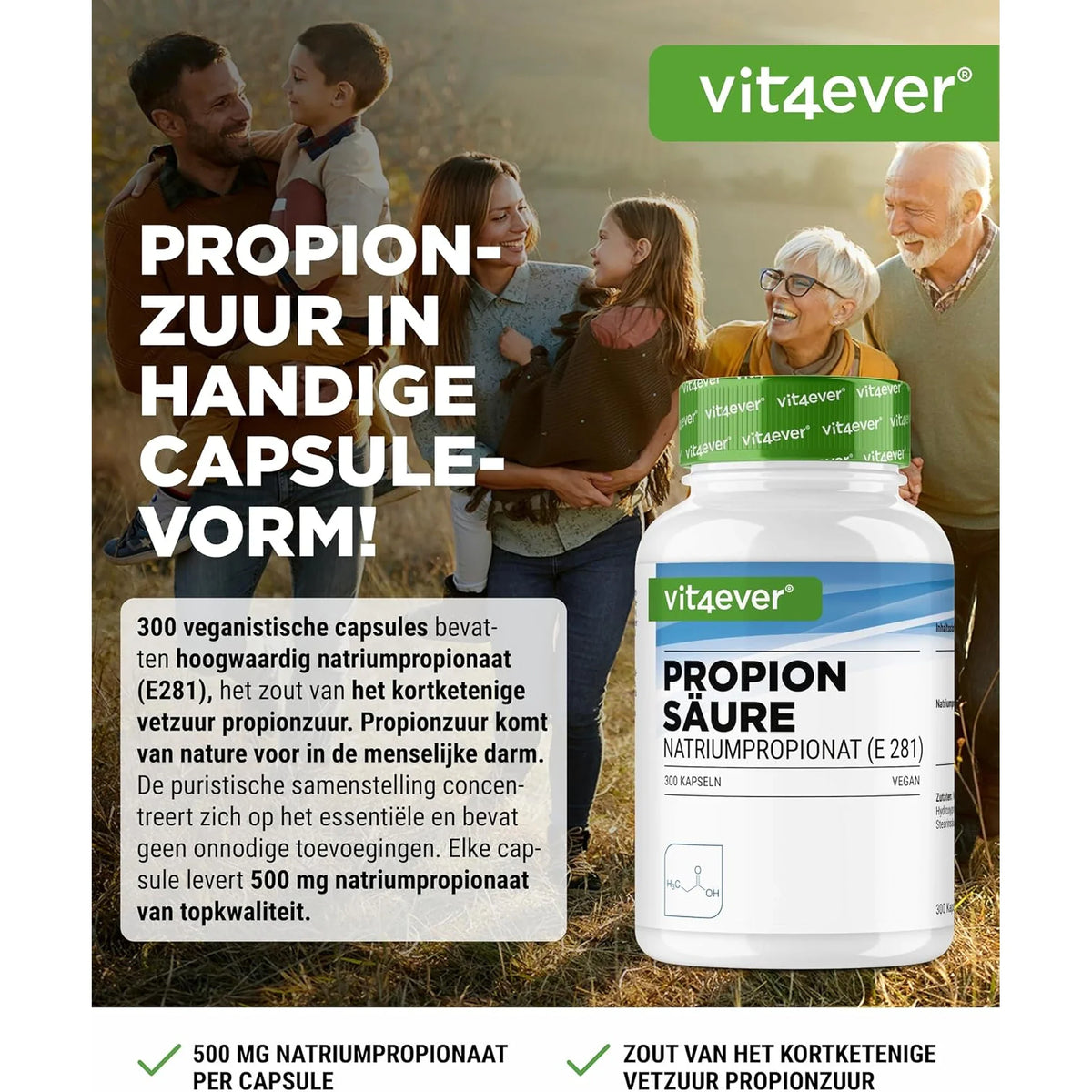 Acide propionique sous forme de gélule, 500 mg de propionate de sodium par gélule