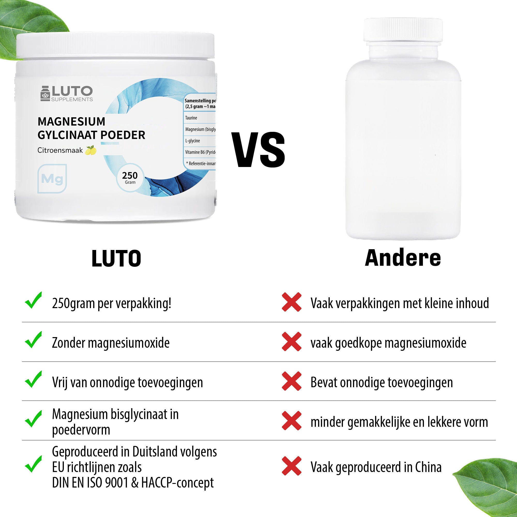 LUTO Magnésium Glycinate en poudre comparaison - goût citron, vegan et magnésium fortement dosé