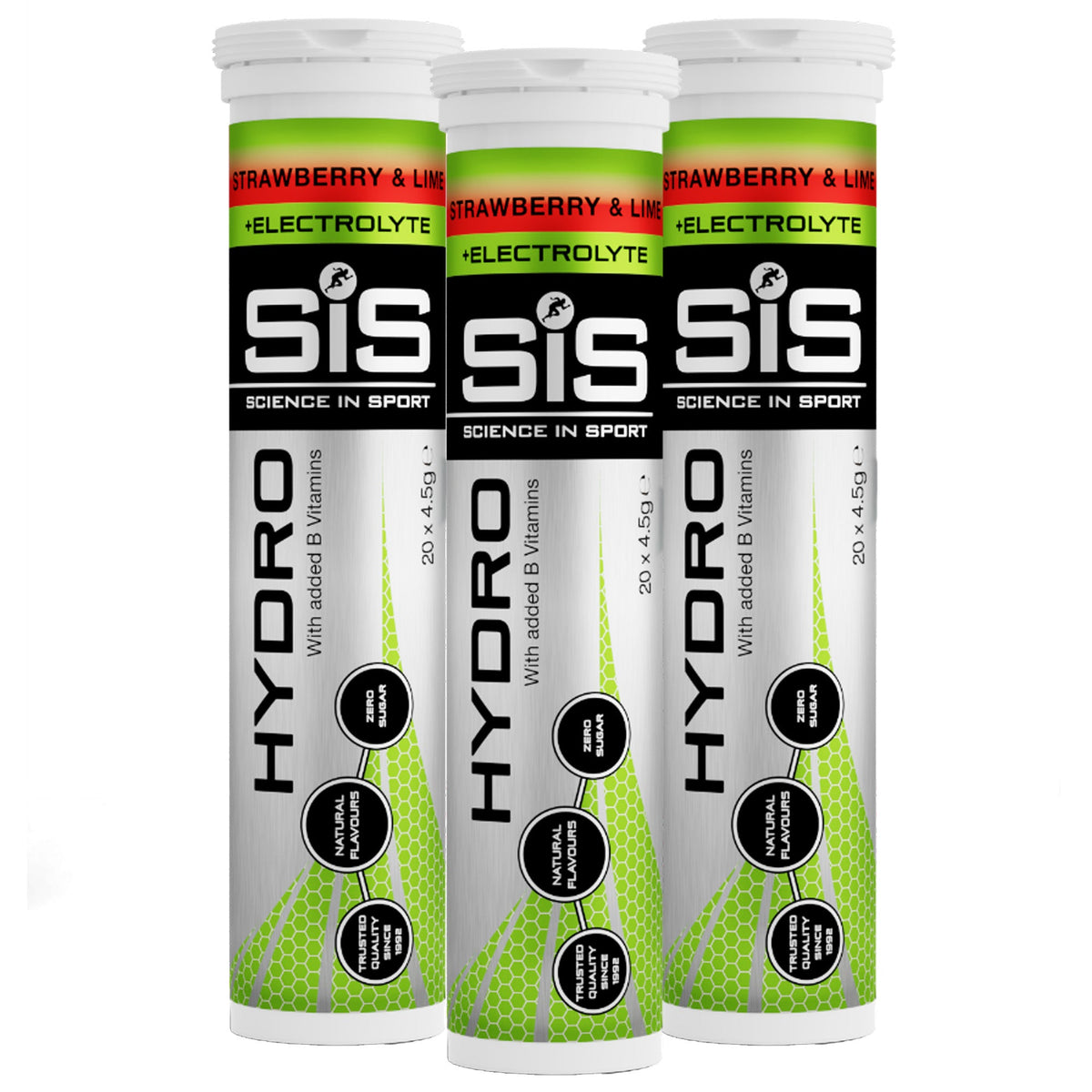 SiS Hydro Tablets Fraise et Citron Vert 3 tubes - comprimés effervescents aux électrolytes sans sucre pour sportifs d'endurance