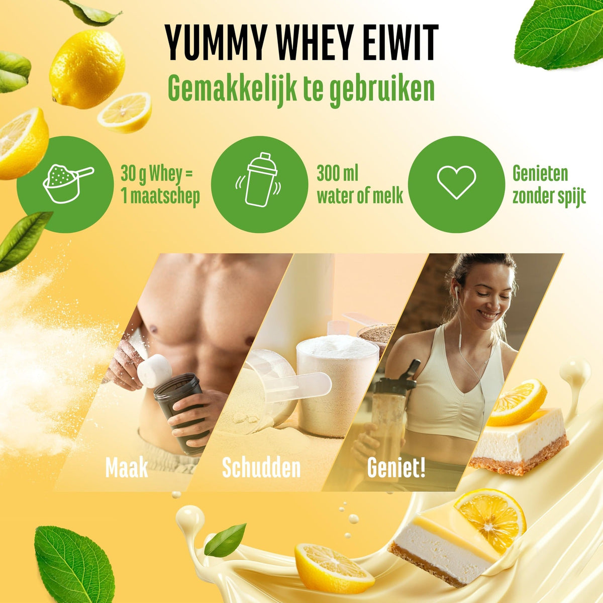 Vit4ever Yummy Whey Protein Lemon Cheesecake shake protéiné 908 grammes préparation: mesurer, secouer et savourer