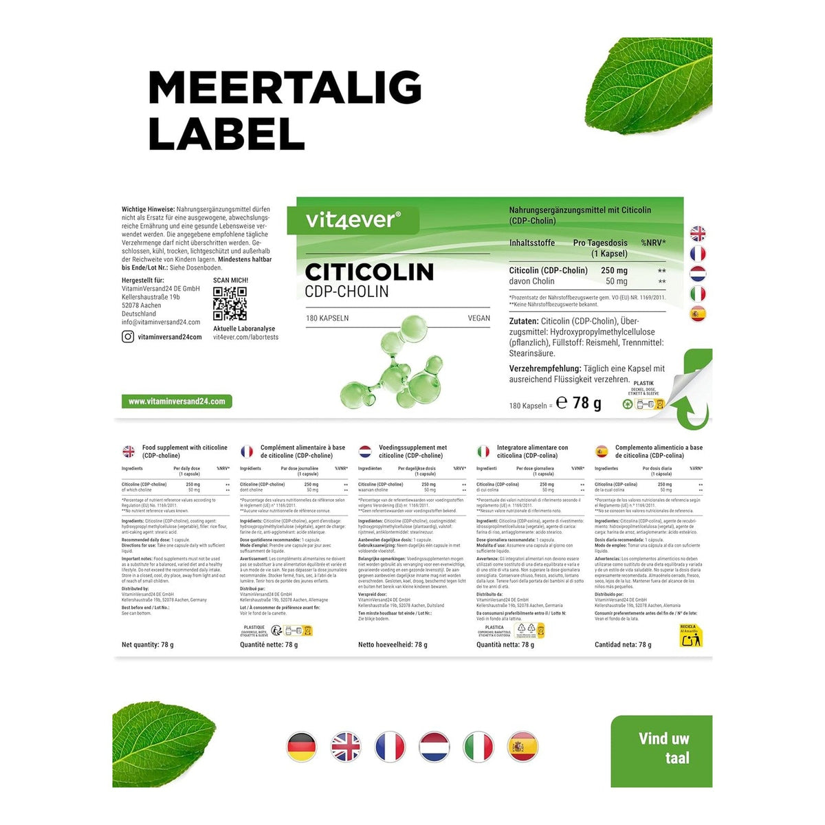 Étiquette multilingue Citicoline Vit4ever avec liste des ingrédients