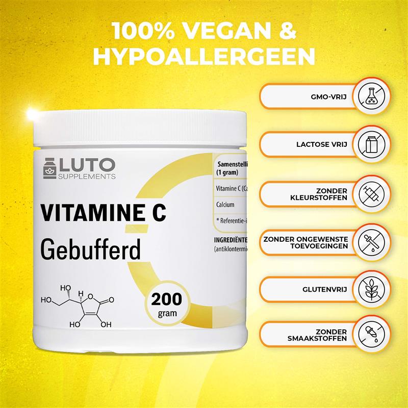 LUTO Vitamine C tamponnée 100 % vegan et hypoallergénique - sans OGM, sans lactose et sans arômes