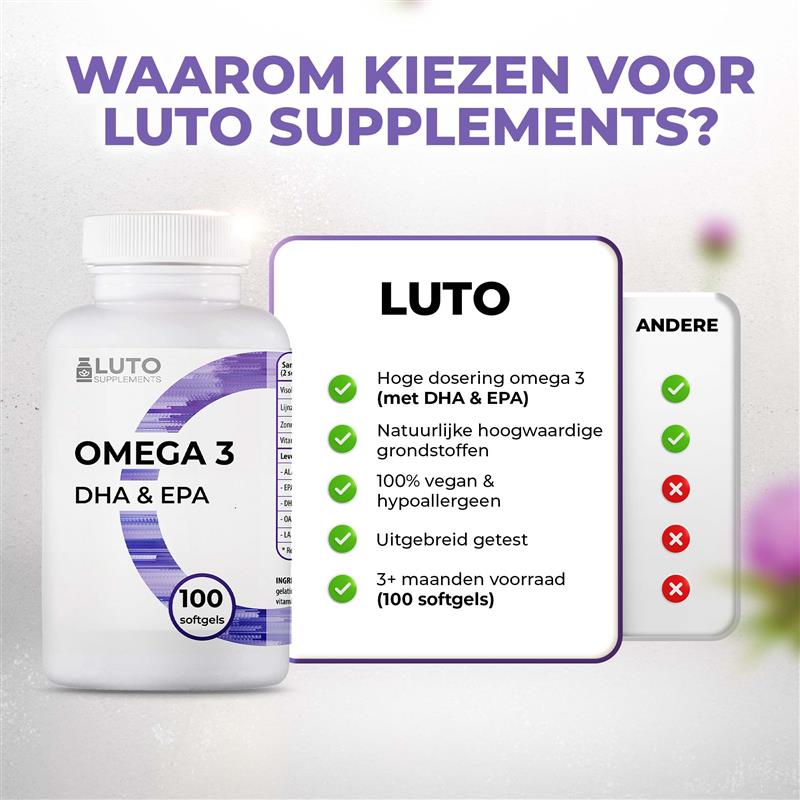 LUTO Omega 3 comparaison - 100 capsules molles avec DHA, EPA, ALA et LA issus d'huile de poisson et de lin