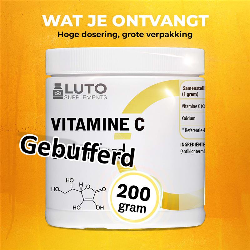LUTO Vitamine C tamponnée poudre 200 grammes - haute teneur en grand format avec composition