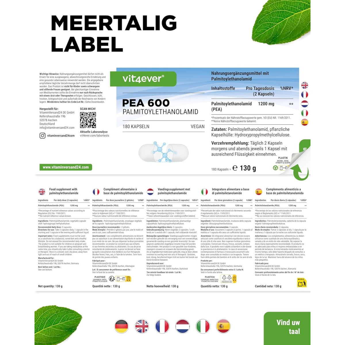 PEA 600 Palmitoyléthanolamide | 180 Gélules | Vit4ever