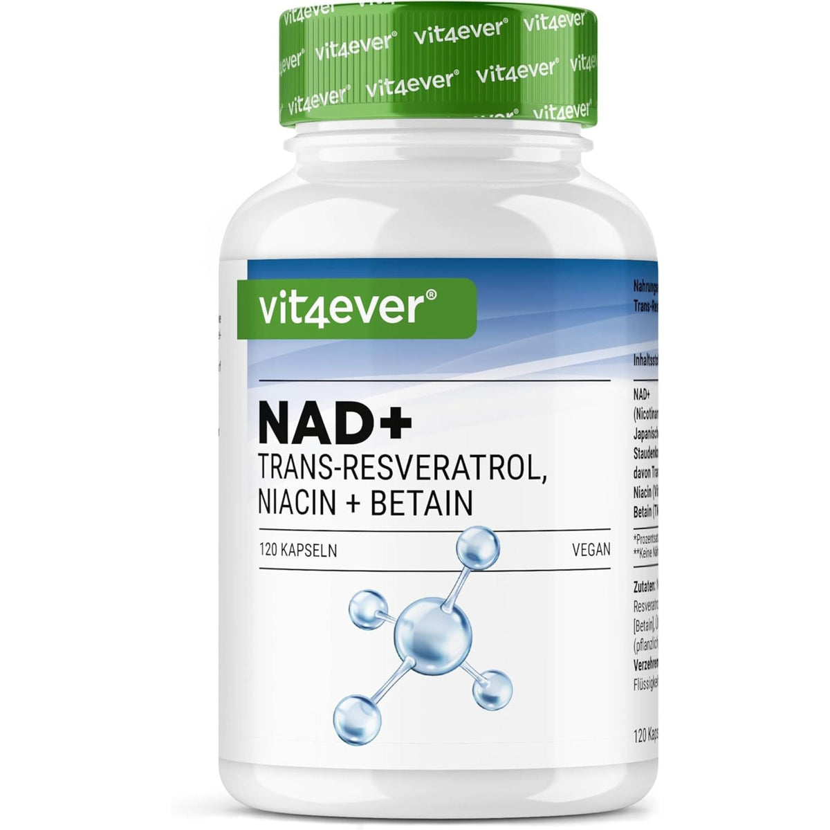NAD+ avec Trans-Resvératrol, Niacine & Bétaïne | 120 Gélules | Vit4ever
