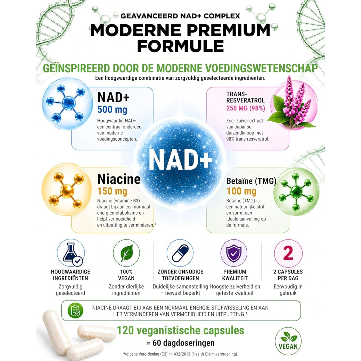 NAD+ avec Trans-Resvératrol, Niacine & Bétaïne | 120 Gélules | Vit4ever