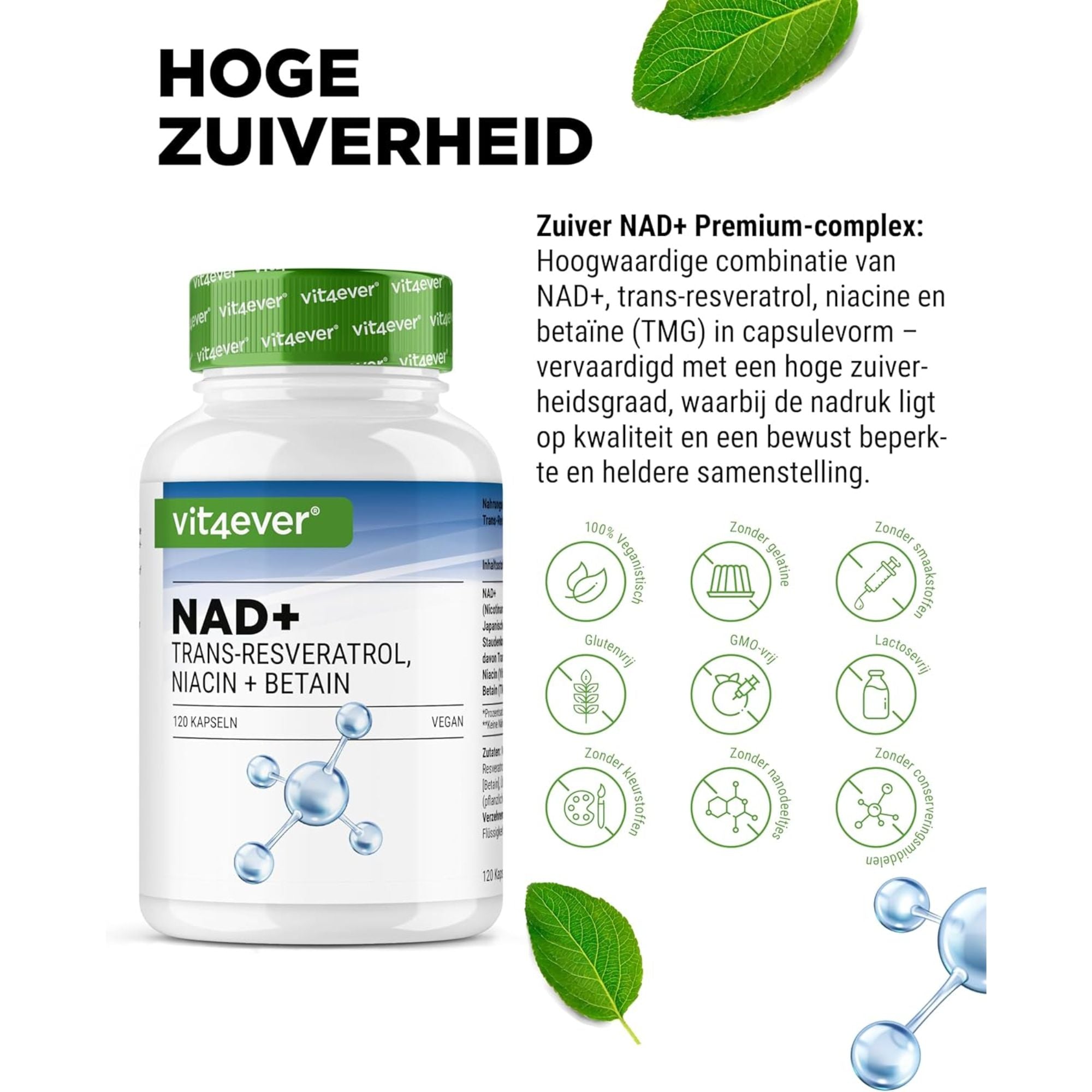 NAD+ avec Trans-Resvératrol, Niacine & Bétaïne | 120 Gélules | Vit4ever