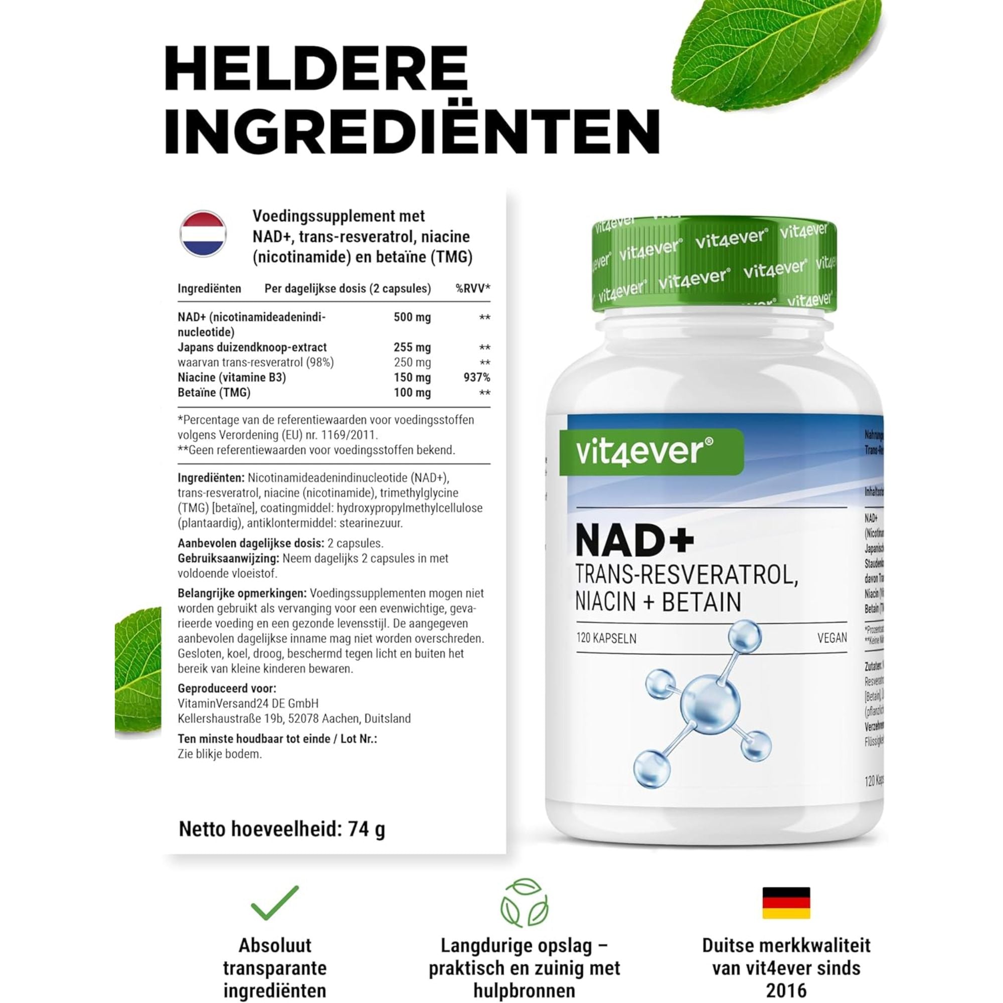 NAD+ avec Trans-Resvératrol, Niacine & Bétaïne | 120 Gélules | Vit4ever