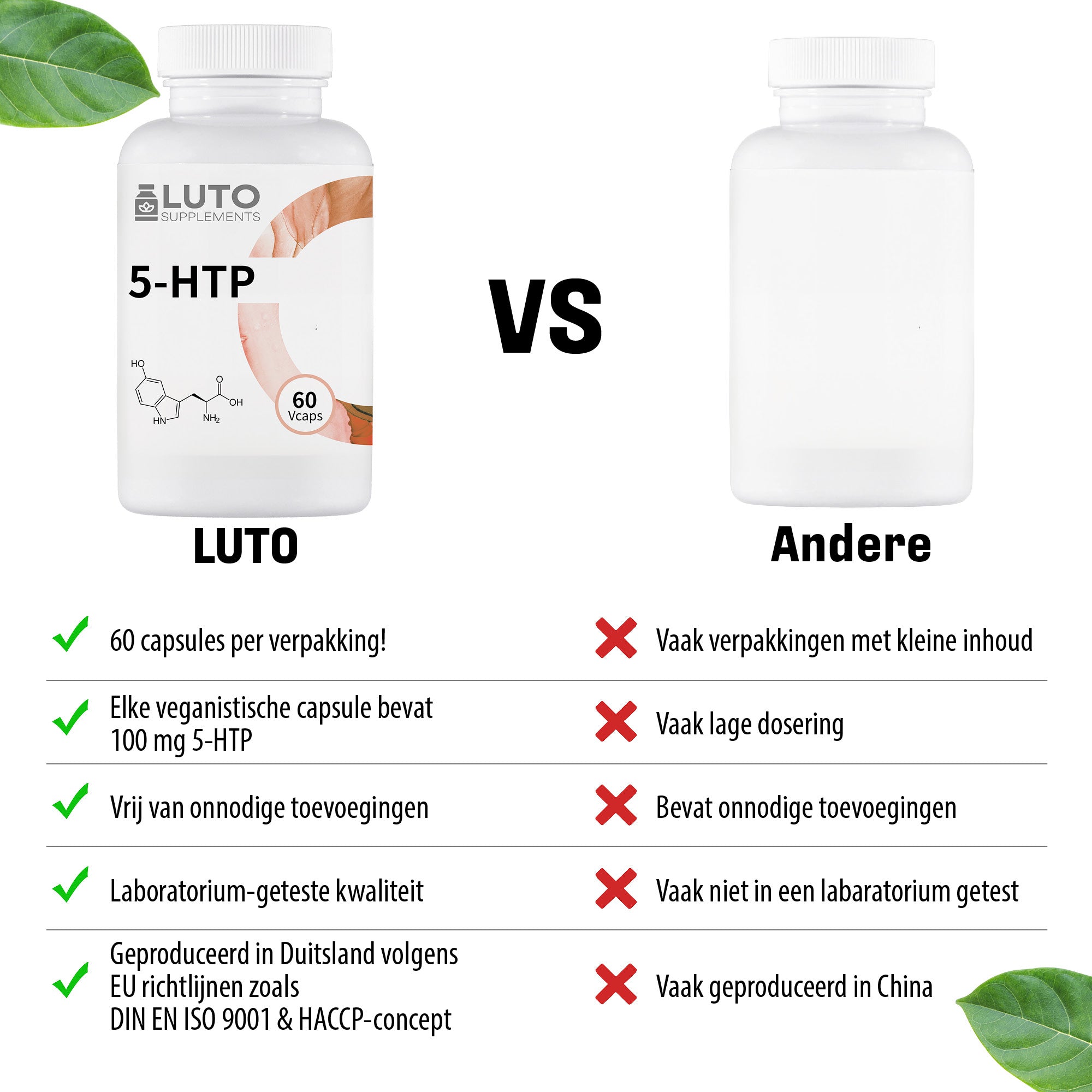 LUTO 5-HTP comparaison, acides aminés naturels avec vitamine B6, vegan, sans gluten et certifié ISO
